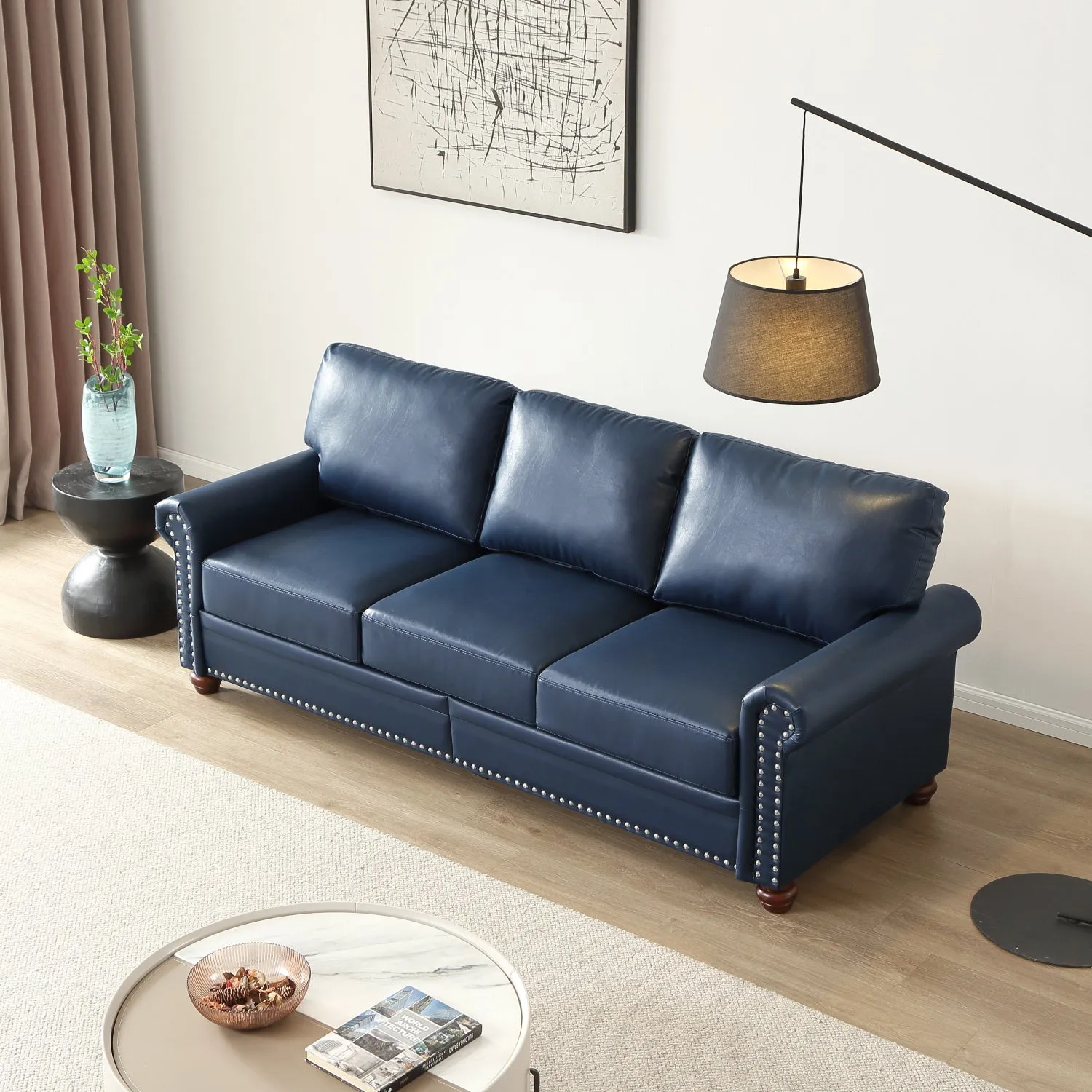 Streamdale Classic Living Room Round Arm with Silver Nails Sofa Navy Blue Faux Leather
