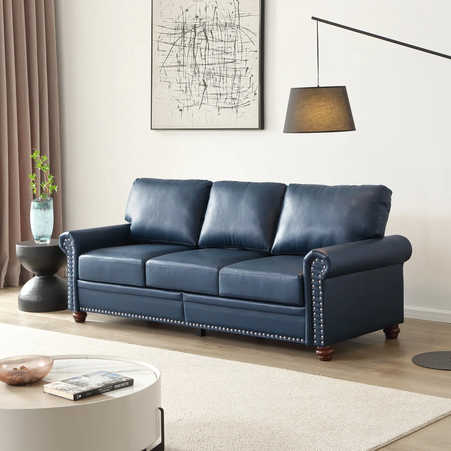 Streamdale Classic Living Room Round Arm with Silver Nails Sofa Navy Blue Faux Leather