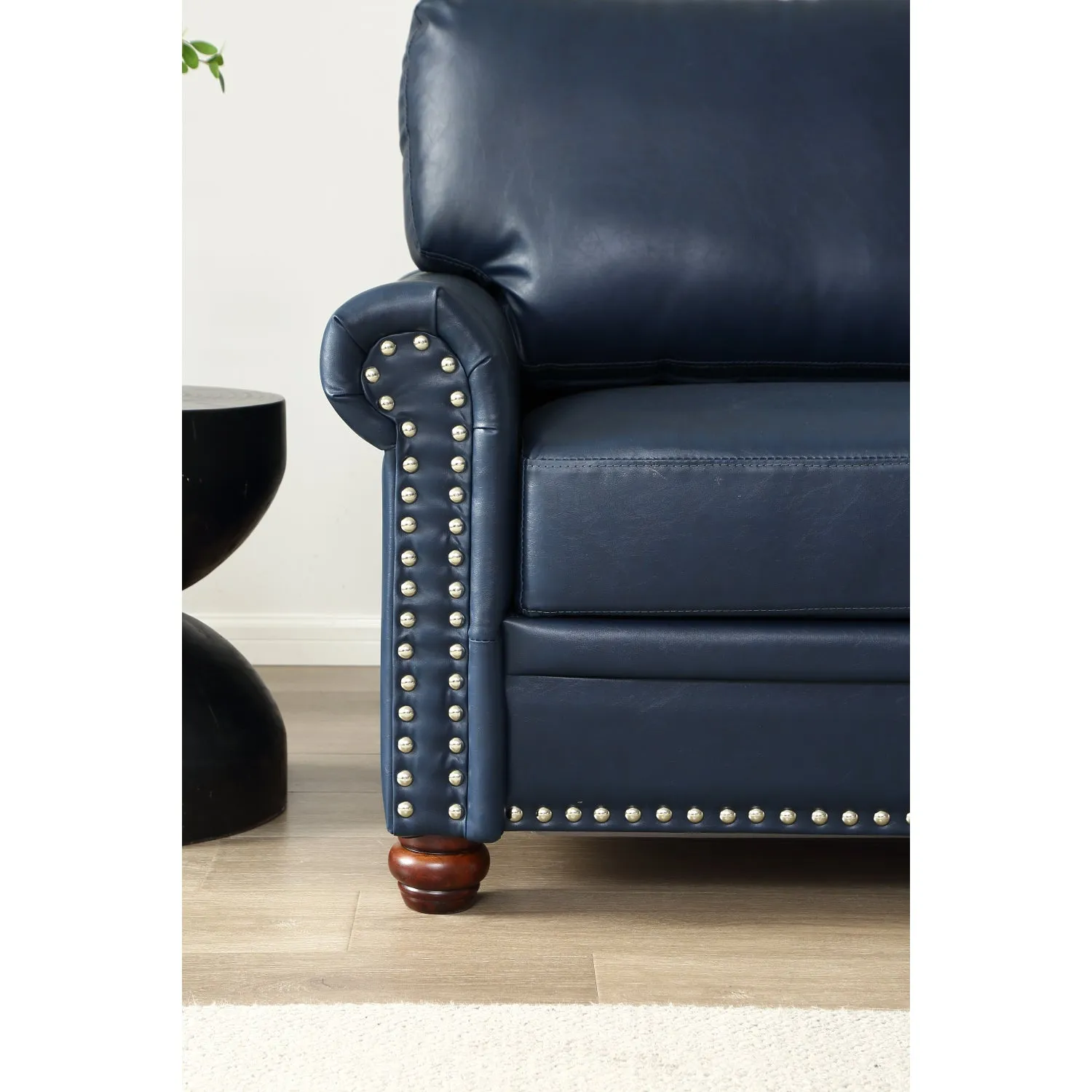 Streamdale Classic Living Room Round Arm with Silver Nails Sofa Navy Blue Faux Leather