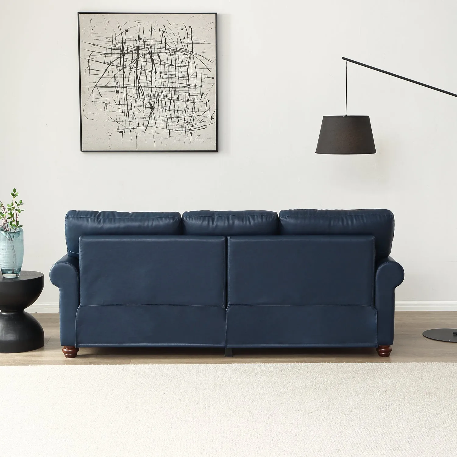 Streamdale Classic Living Room Round Arm with Silver Nails Sofa Navy Blue Faux Leather