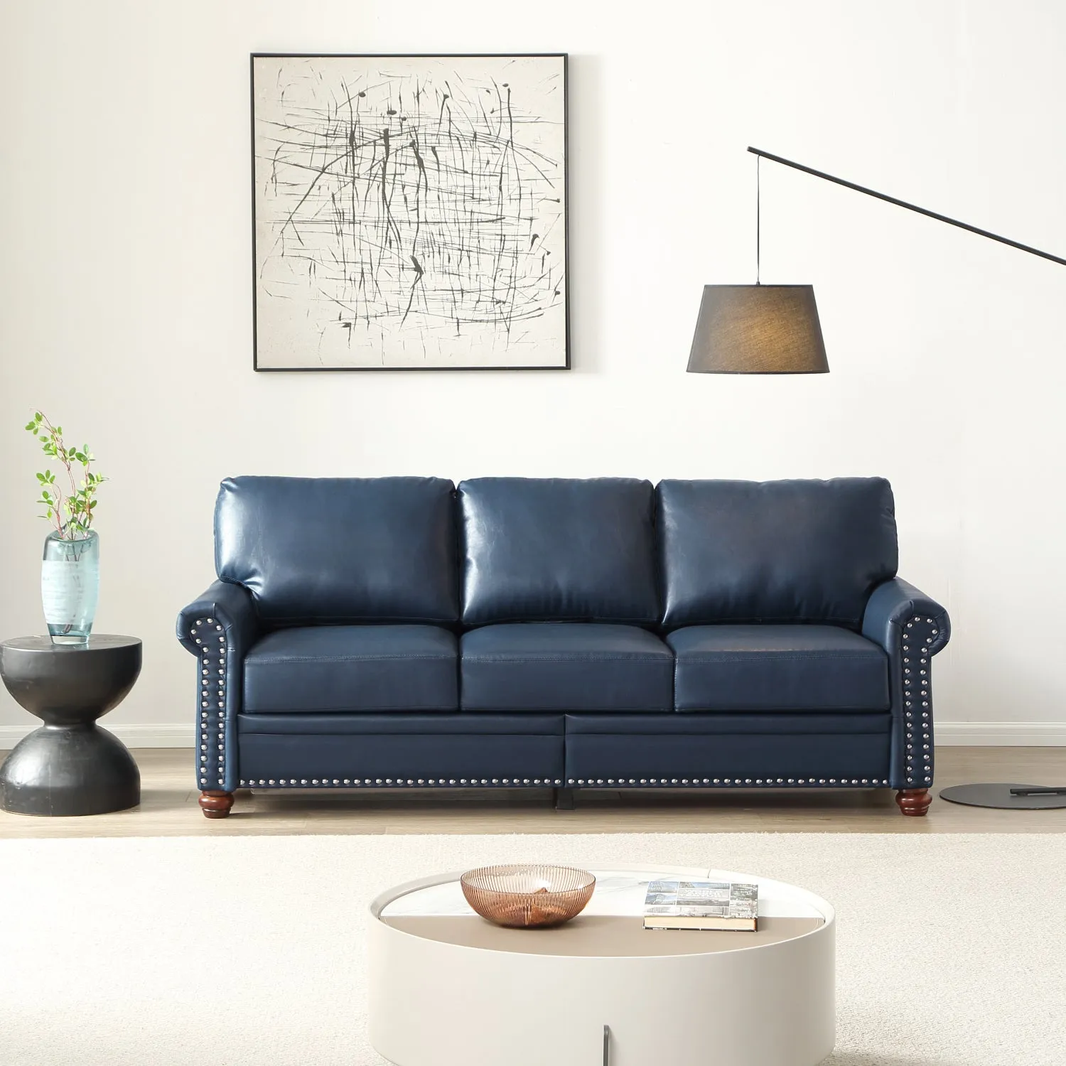 Streamdale Classic Living Room Round Arm with Silver Nails Sofa Navy Blue Faux Leather