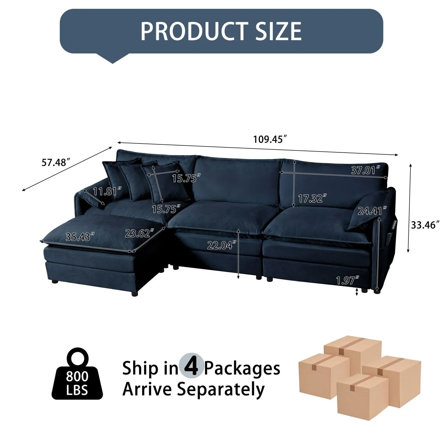 Streamdale Comfy Blue Chenille Sectional Sofa with Ottoman