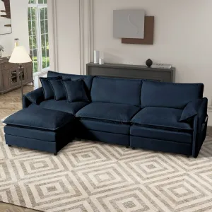Streamdale Comfy Blue Chenille Sectional Sofa with Ottoman