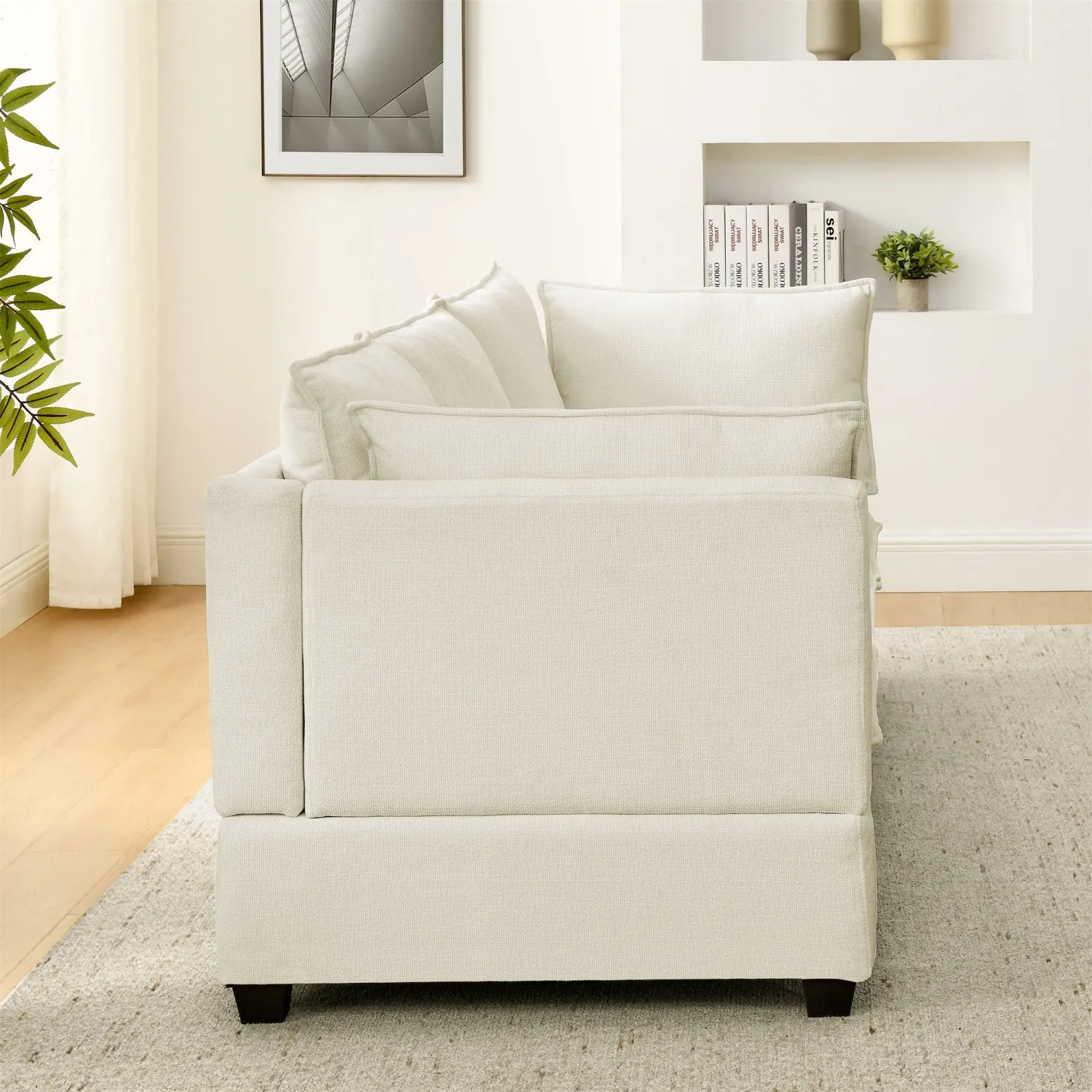 Streamdale Comfy Chenille Loveseat with 2 Ottomans (Beige White)