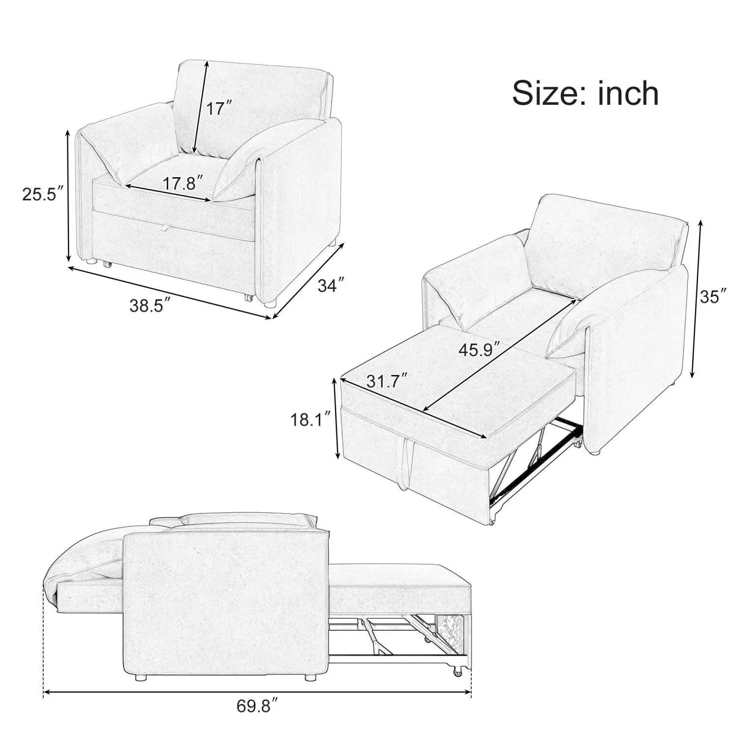 Streamdale Convertible Pull Out Sofa Bed Sleeper Chair