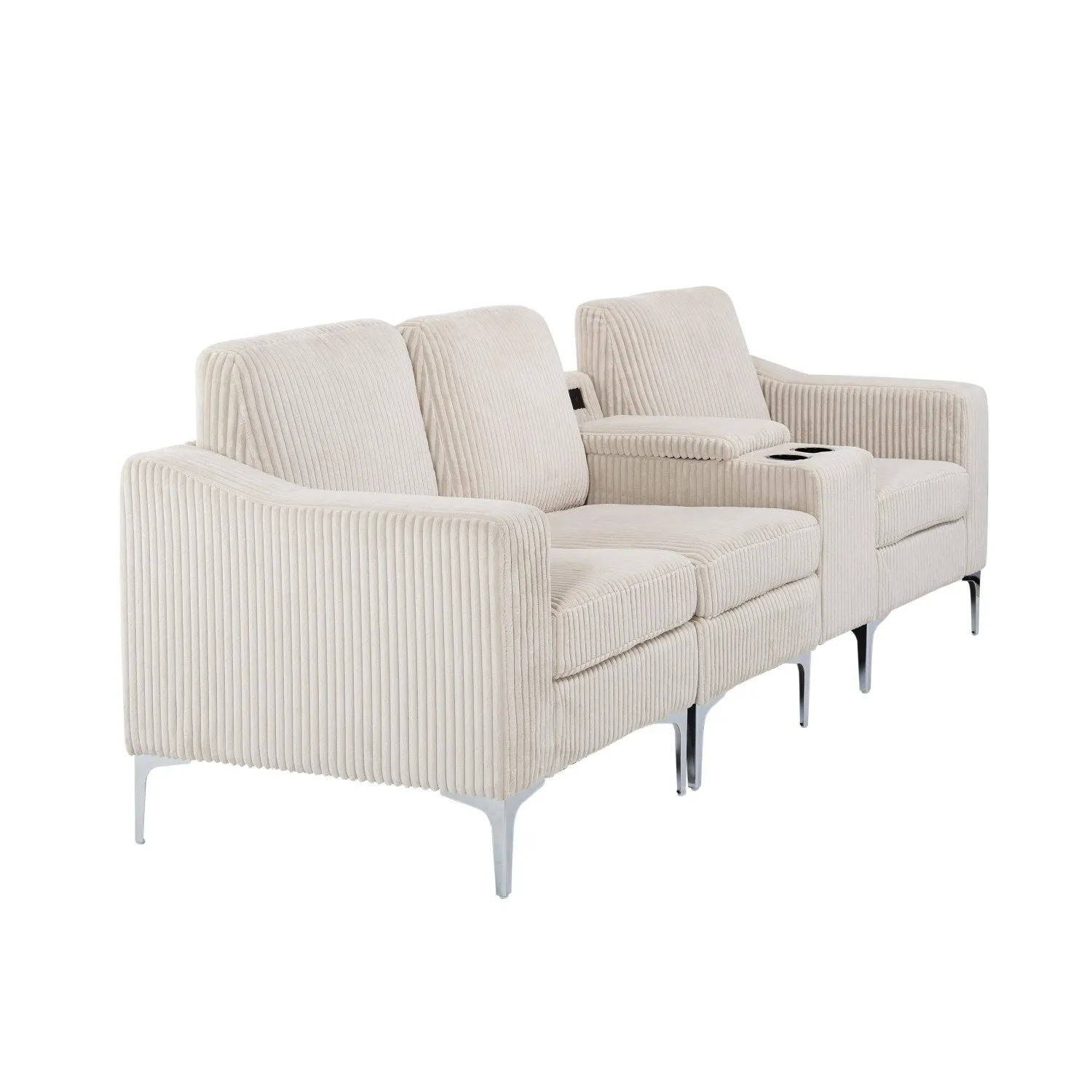 Streamdale Convertible Sectional Corduroy Sofa with Cupholders, USB,Three-seater,Beige