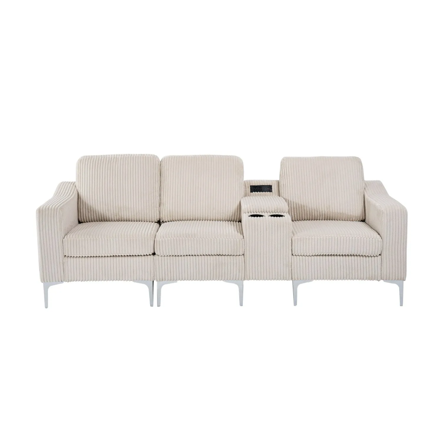 Streamdale Convertible Sectional Corduroy Sofa with Cupholders, USB,Three-seater,Beige