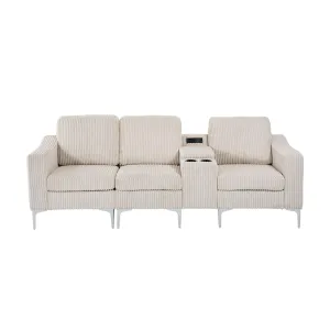 Streamdale Convertible Sectional Corduroy Sofa with Cupholders, USB,Three-seater,Beige