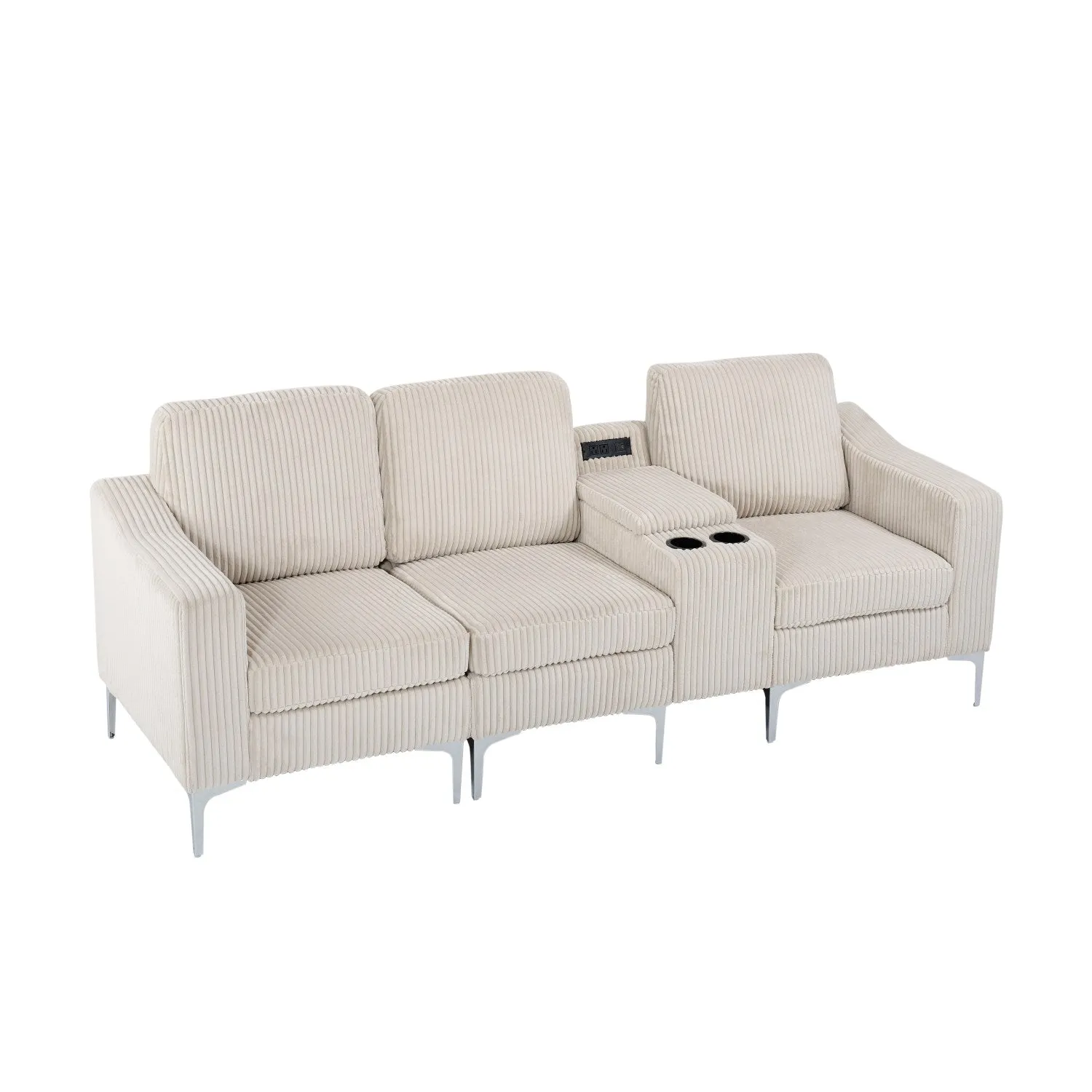 Streamdale Convertible Sectional Corduroy Sofa with Cupholders, USB,Three-seater,Beige