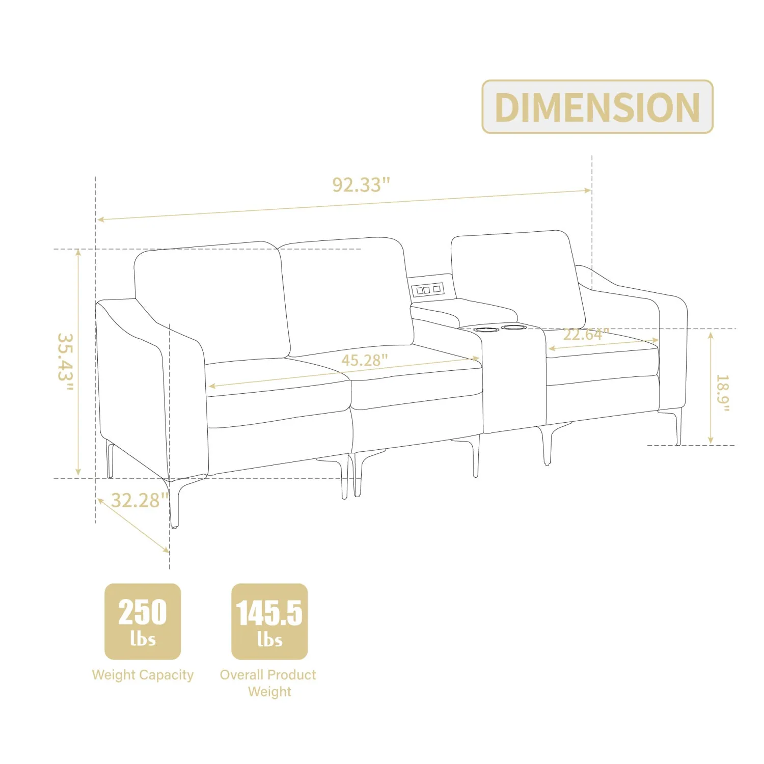Streamdale Convertible Sectional Corduroy Sofa with Cupholders, USB,Three-seater,Beige
