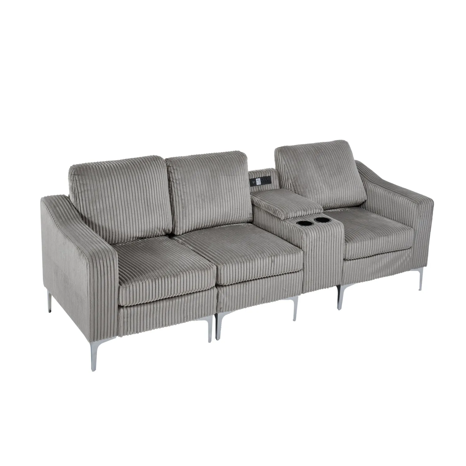 Streamdale Convertible Sectional Corduroy Sofa with Cupholders, USB,Three-seater,Gray