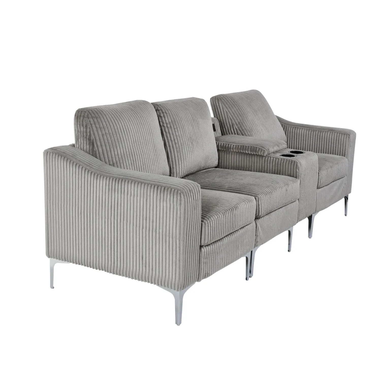 Streamdale Convertible Sectional Corduroy Sofa with Cupholders, USB,Three-seater,Gray