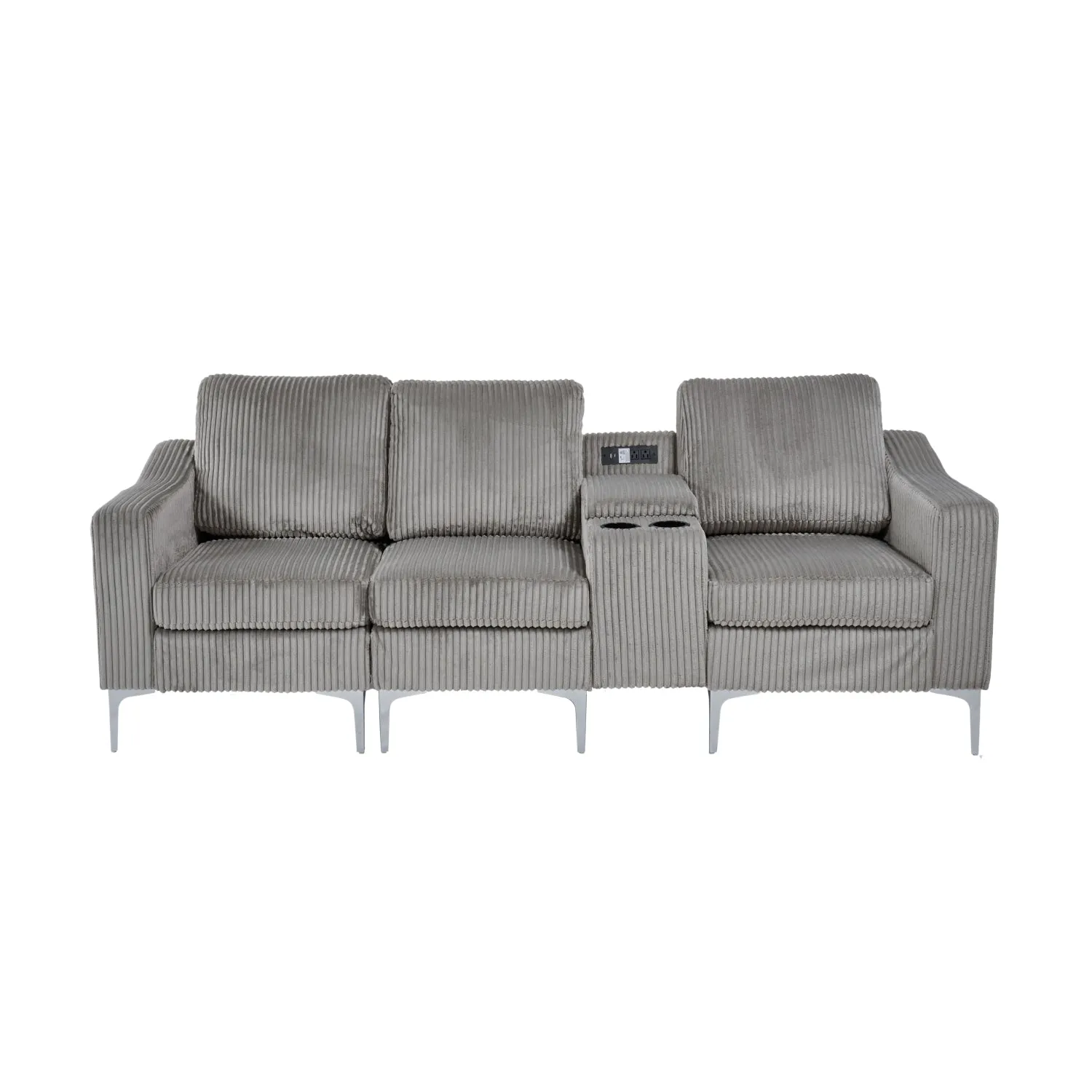 Streamdale Convertible Sectional Corduroy Sofa with Cupholders, USB,Three-seater,Gray