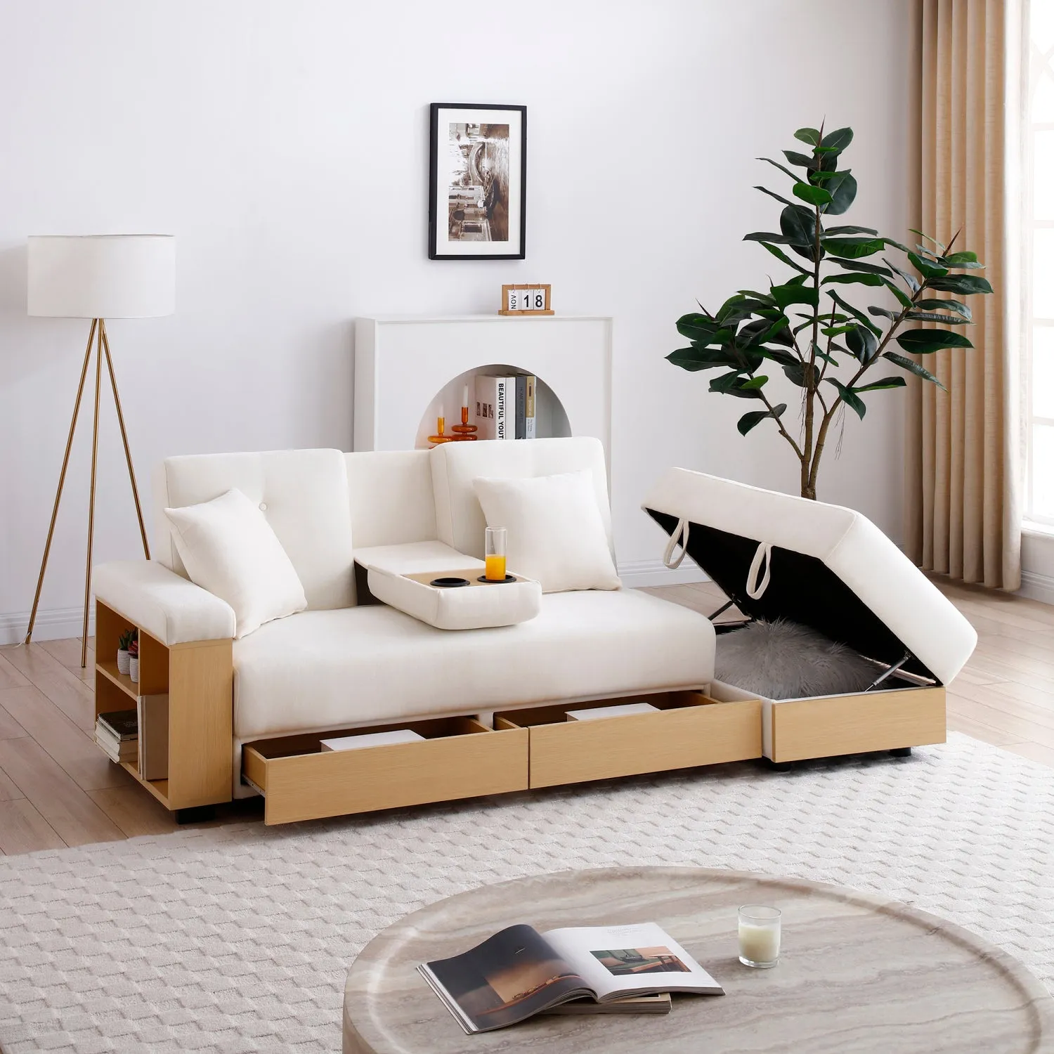Streamdale Convertible Sleeper Sofa Bed with Storage & Drop Down Table - Beige