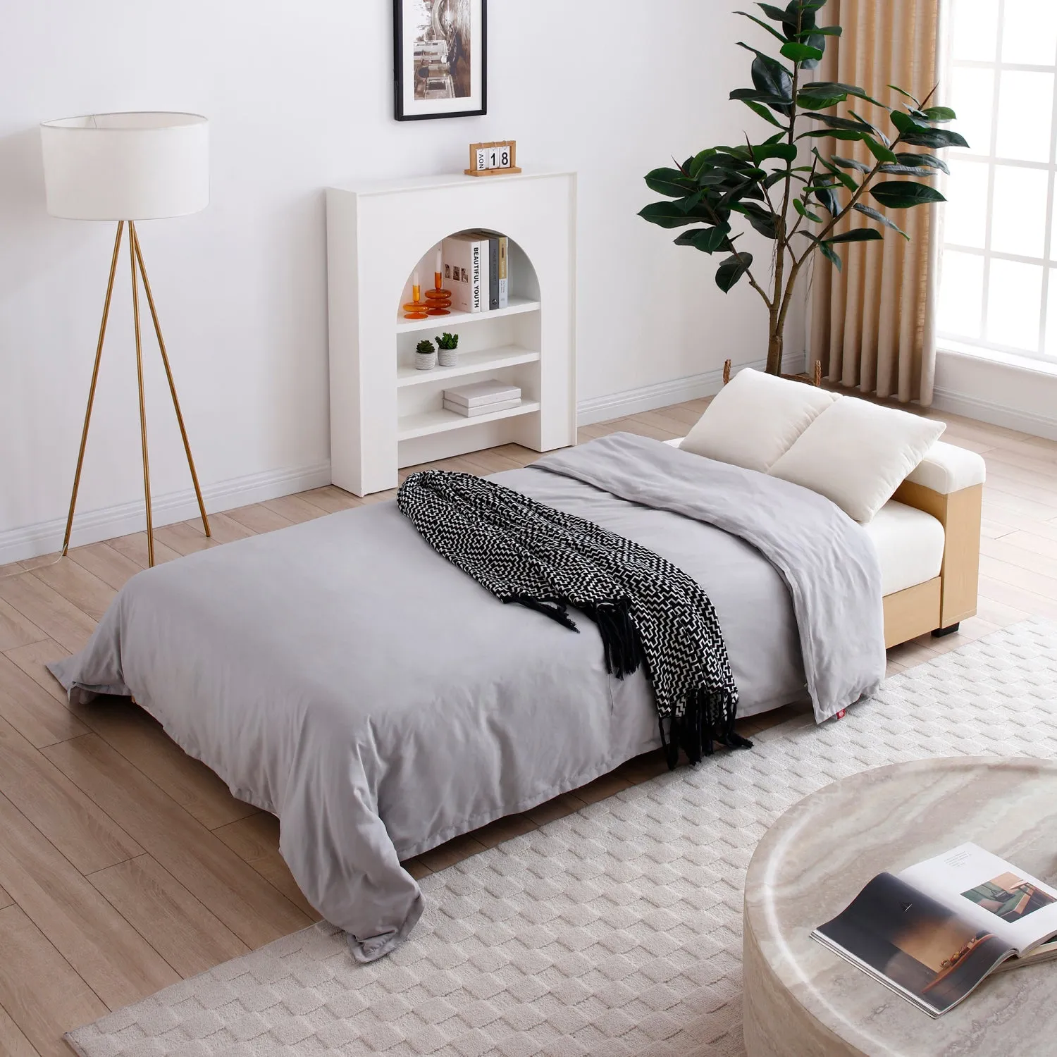 Streamdale Convertible Sleeper Sofa Bed with Storage & Drop Down Table - Beige