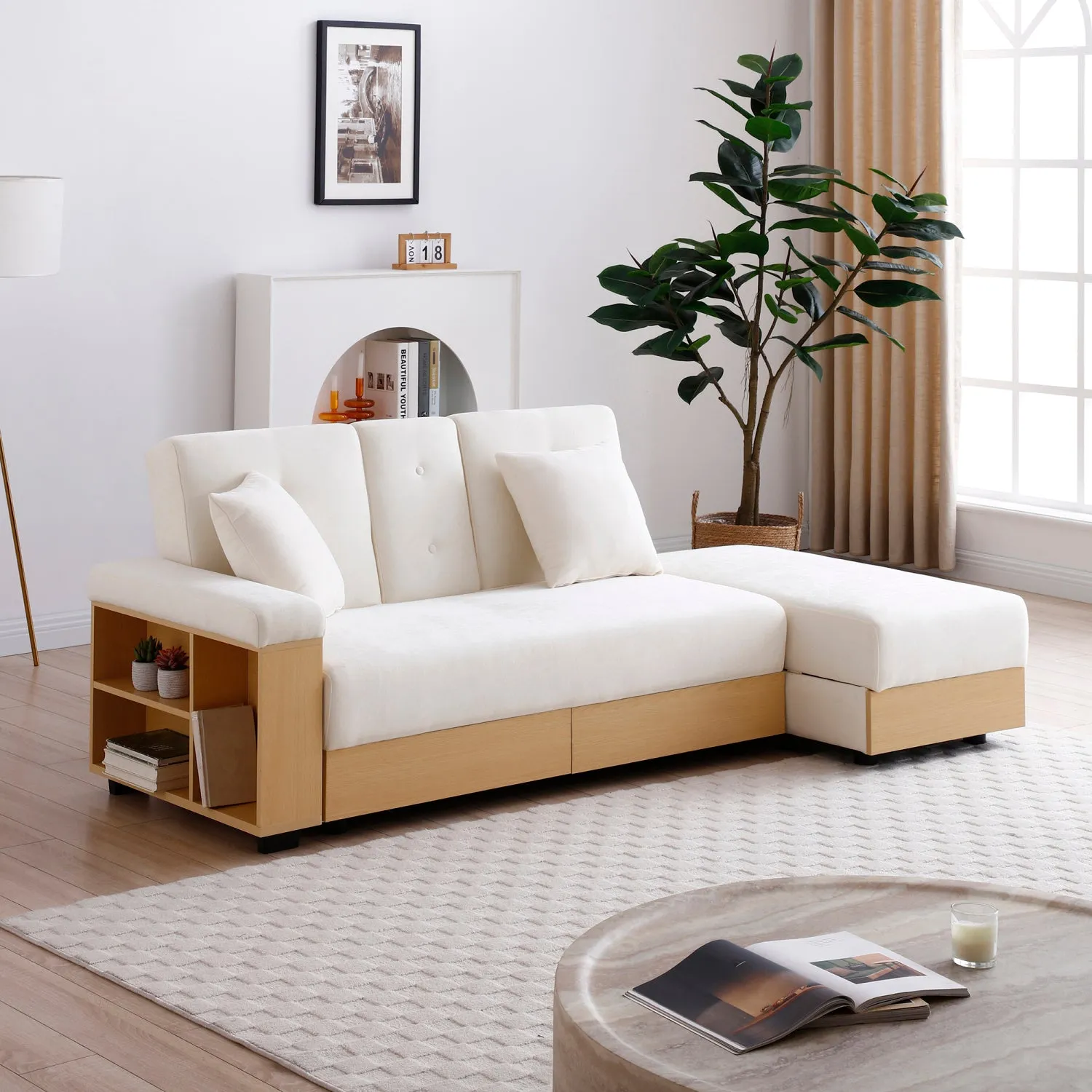 Streamdale Convertible Sleeper Sofa Bed with Storage & Drop Down Table - Beige