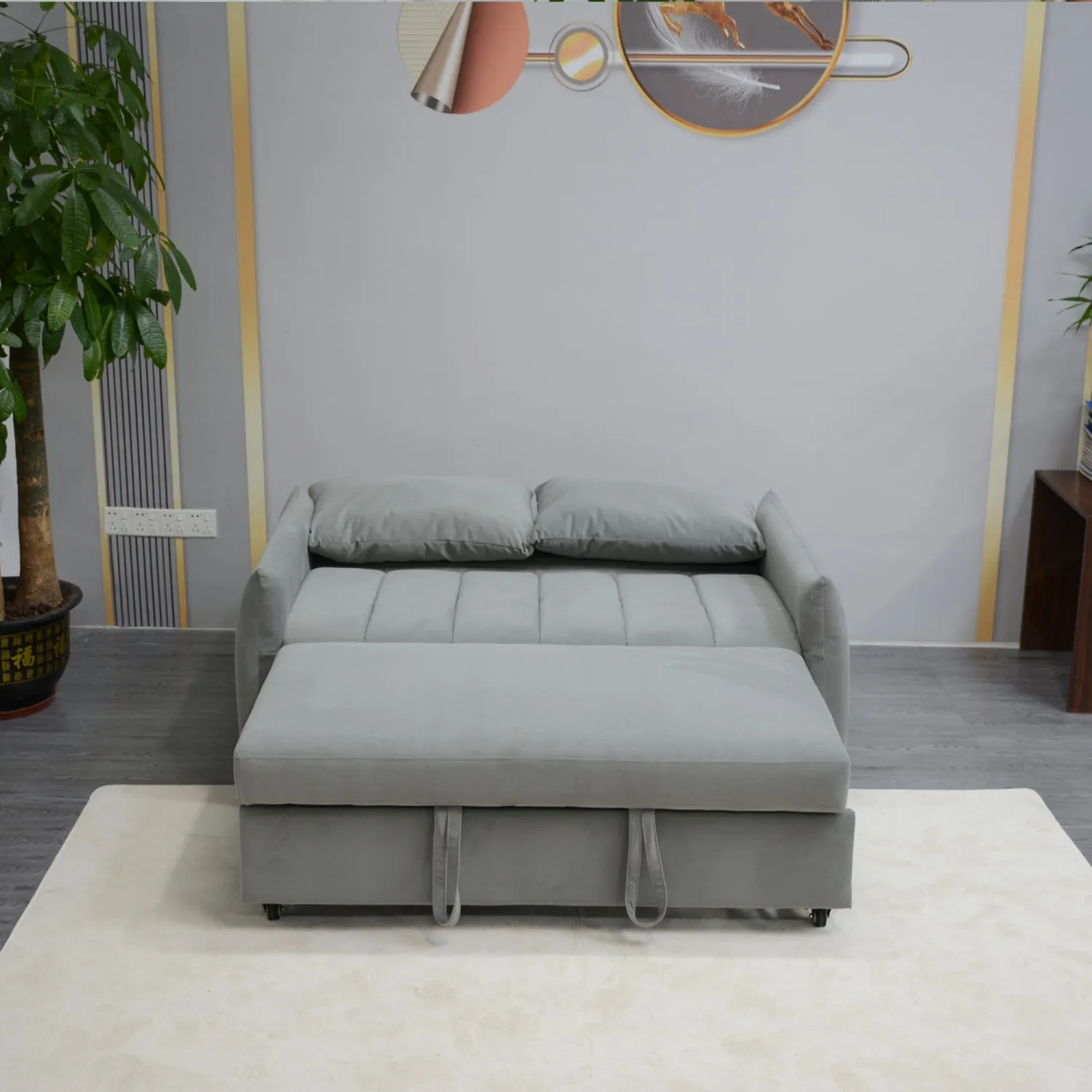 Streamdale Convertible Velvet Sleeper Sofa Bed, Light Gray