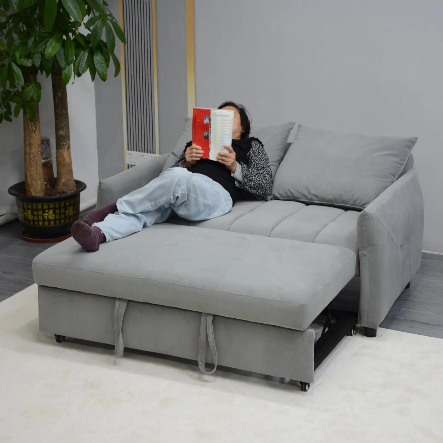 Streamdale Convertible Velvet Sleeper Sofa Bed, Light Gray