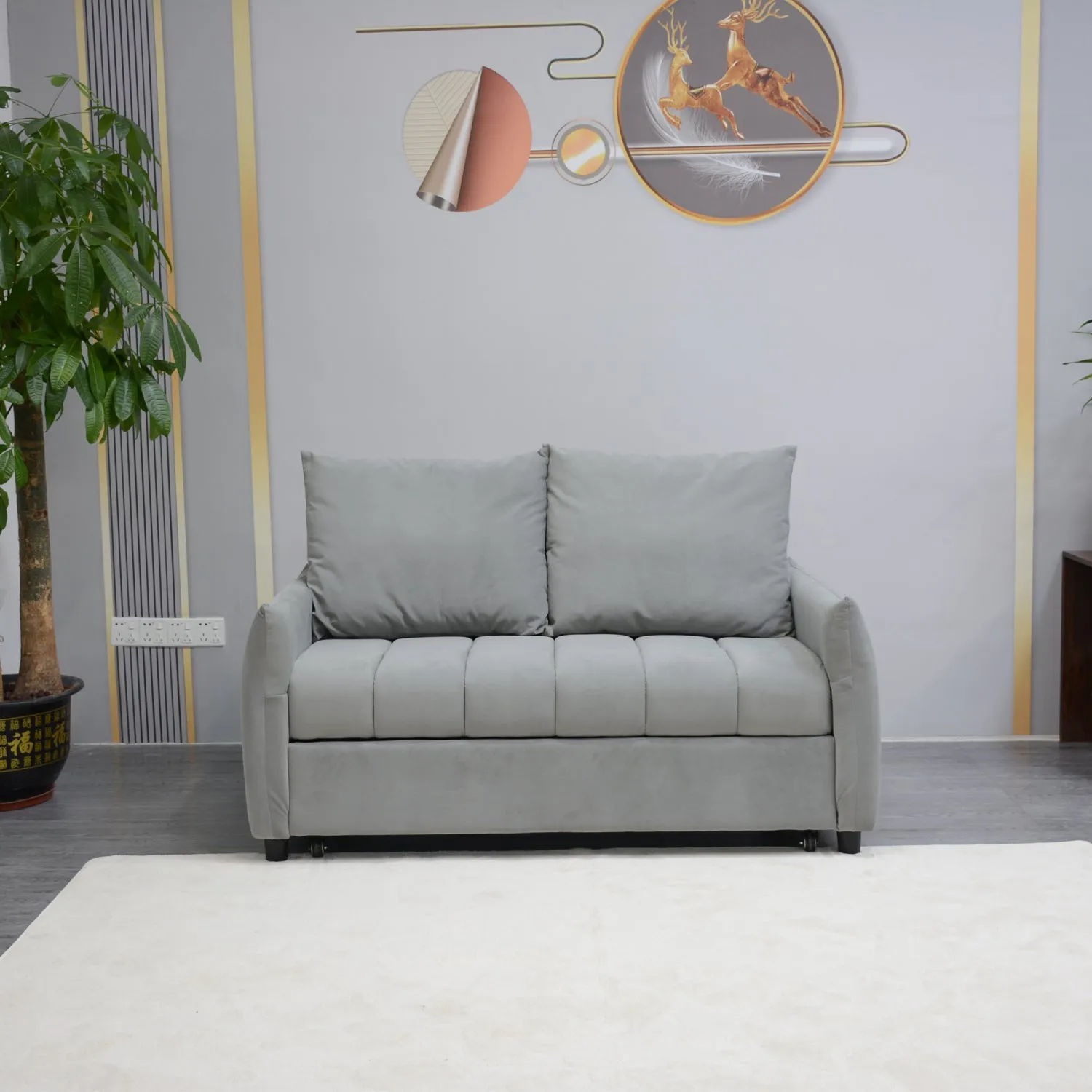 Streamdale Convertible Velvet Sleeper Sofa Bed, Light Gray