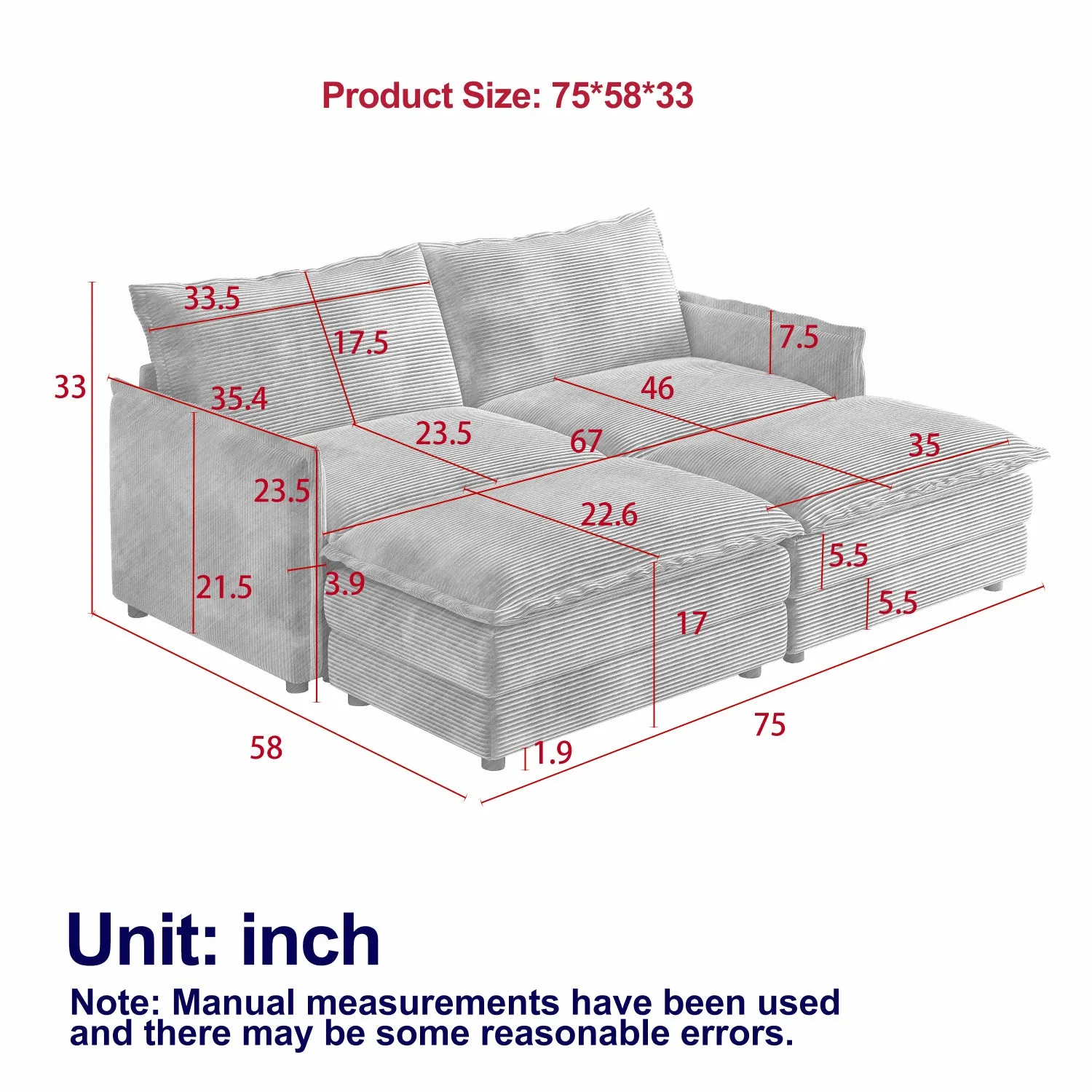 Streamdale Corduroy 2-Seater Sofa with Footrests & Cushions