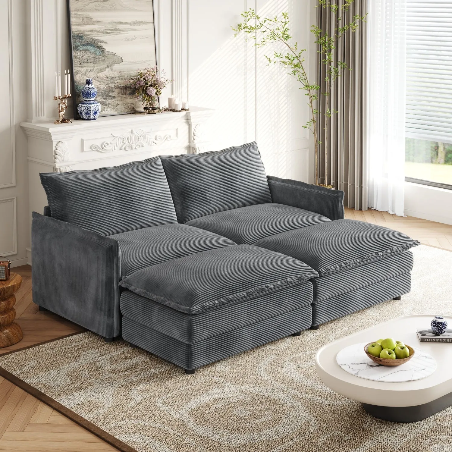 Streamdale Corduroy 2-Seater Sofa with Footrests & Cushions