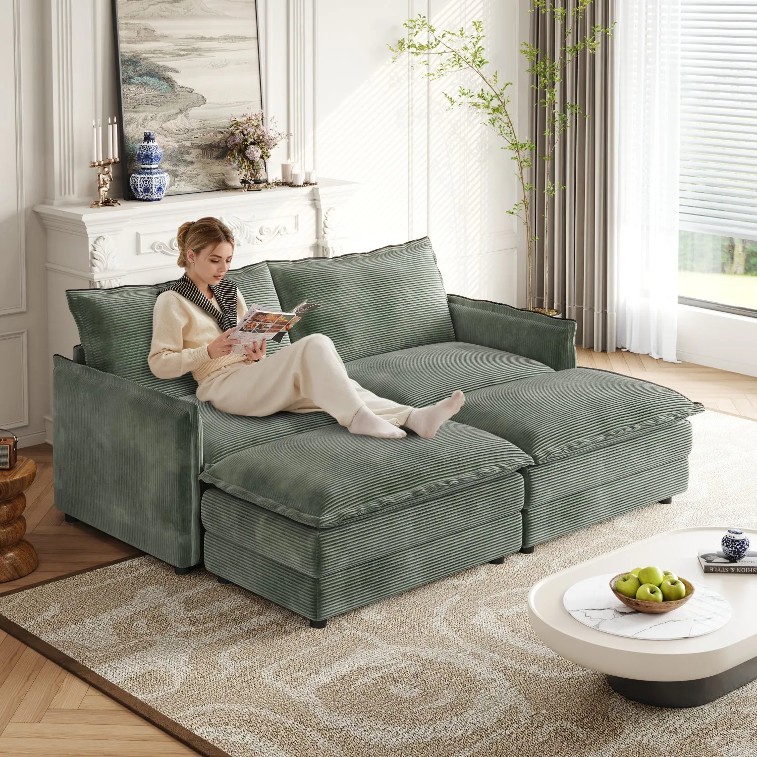 Streamdale Corduroy 2-Seater Sofa with Footrests & Cushions