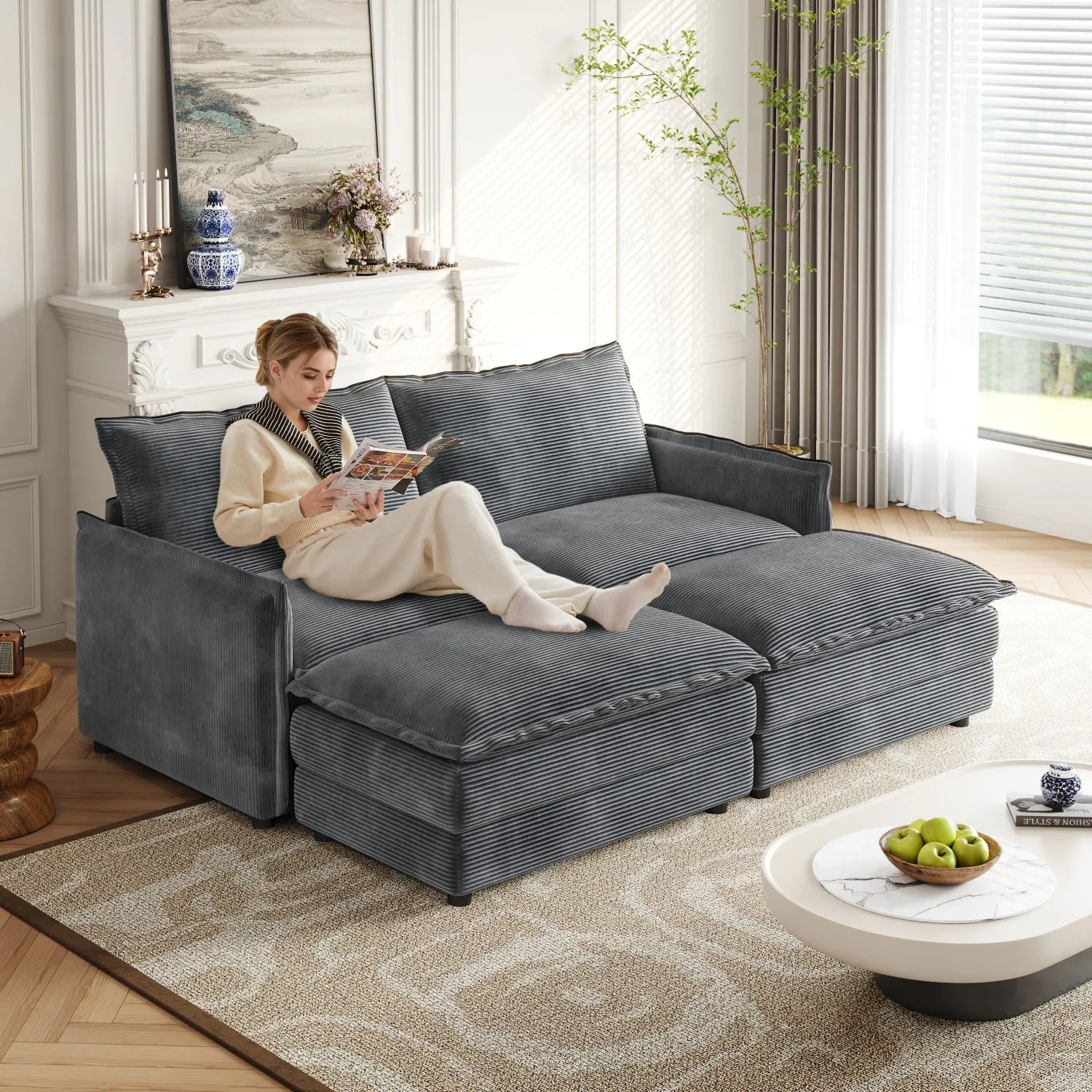 Streamdale Corduroy 2-Seater Sofa with Footrests & Cushions