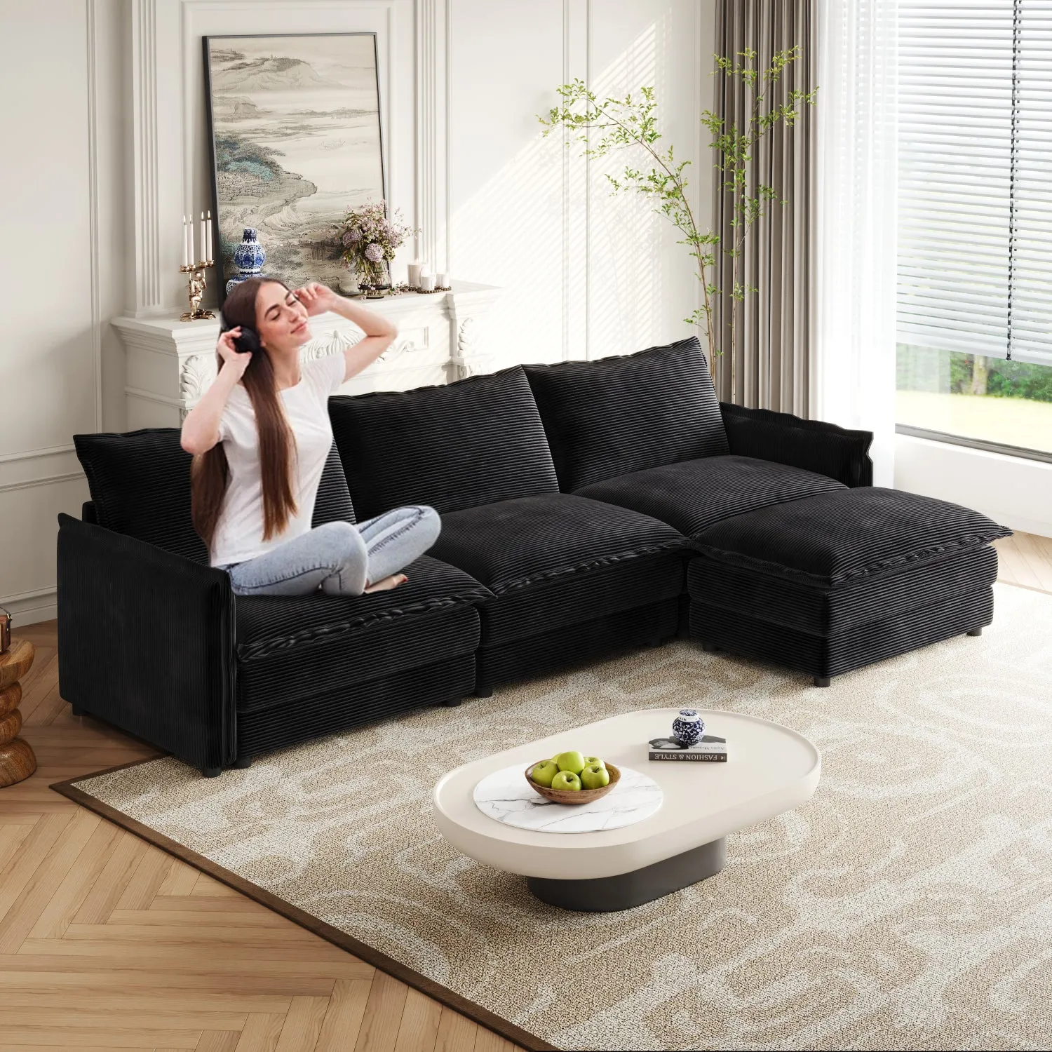 Streamdale Corduroy 3-Seater Cloud Couch with Footrest & Cushions