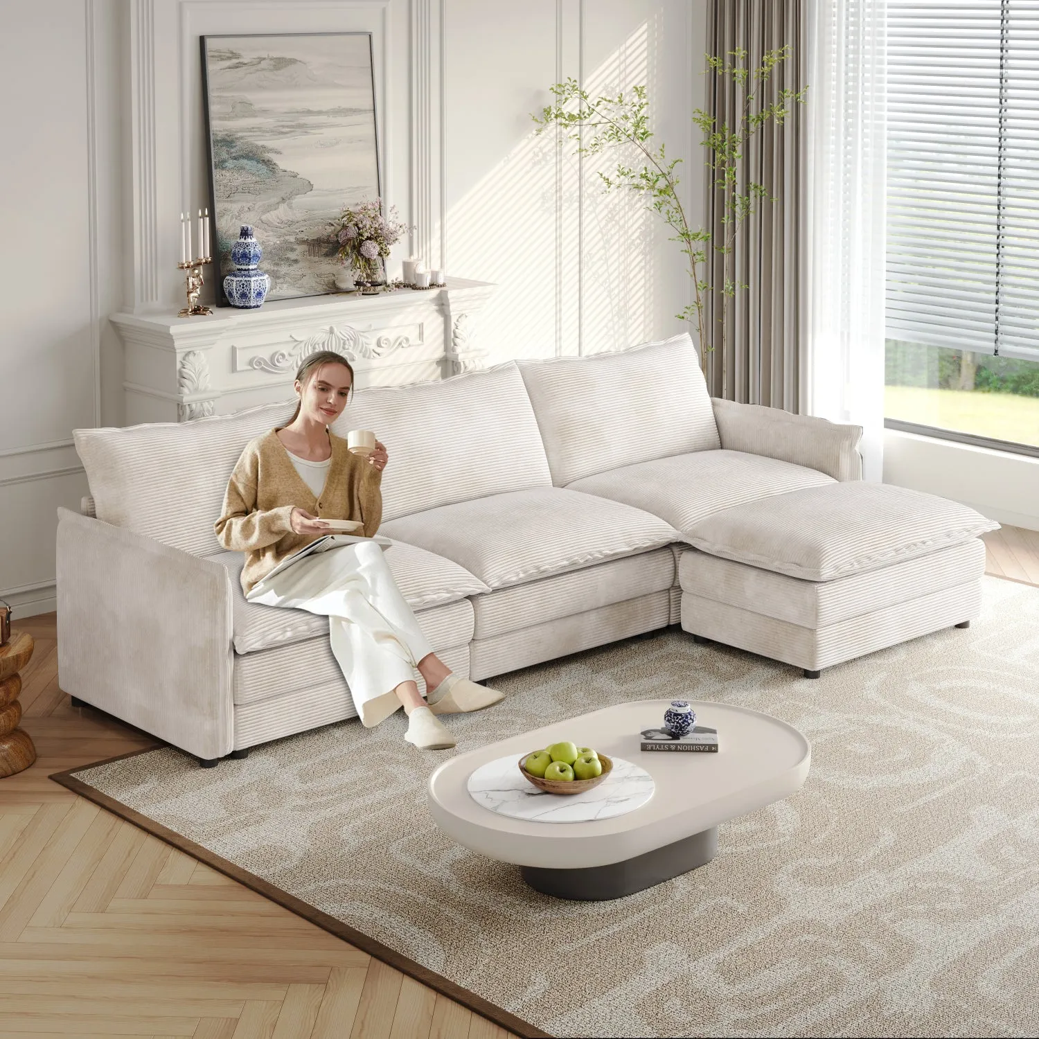 Streamdale Corduroy 3-Seater Cloud Couch with Footrest & Cushions