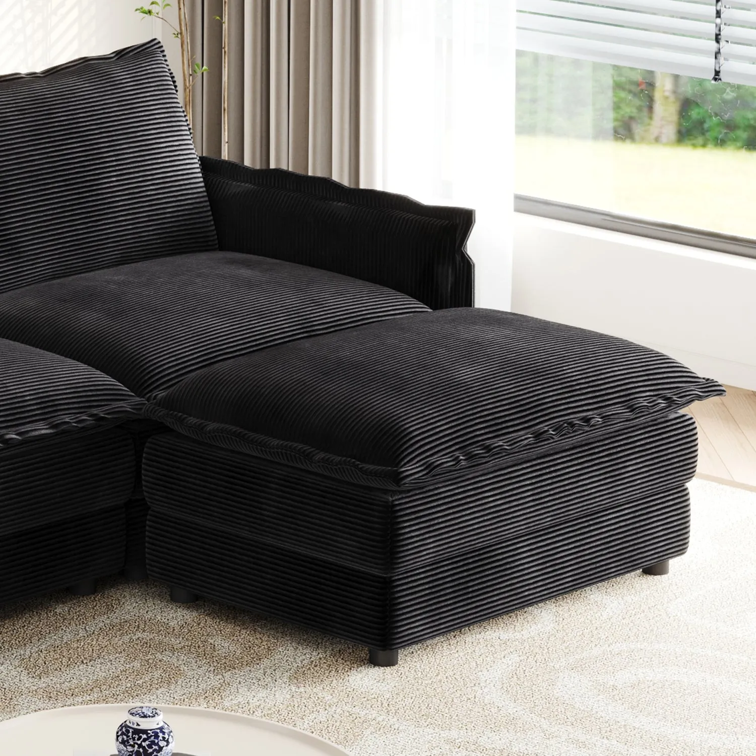 Streamdale Corduroy 3-Seater Cloud Couch with Footrest & Cushions