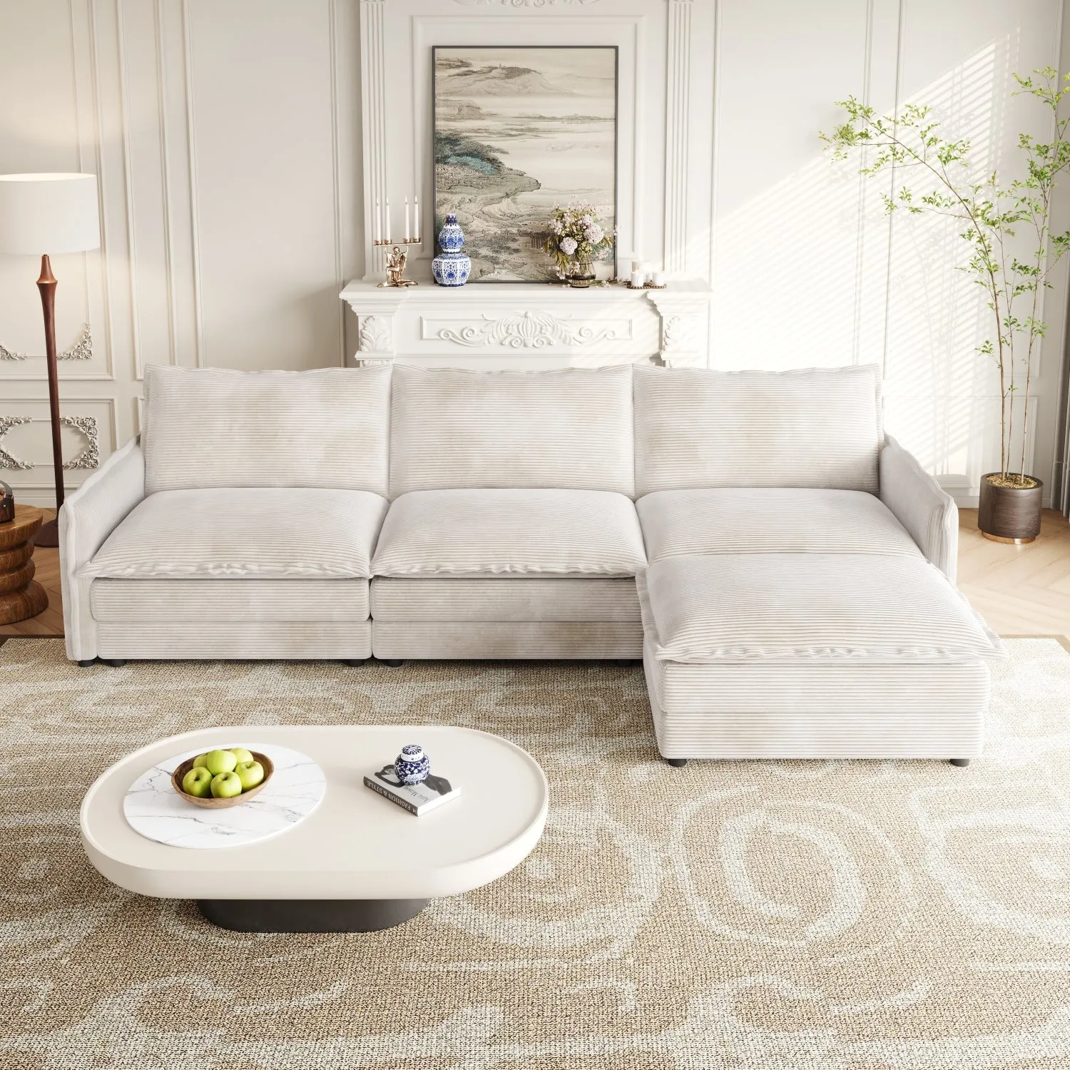 Streamdale Corduroy 3-Seater Cloud Couch with Footrest & Cushions