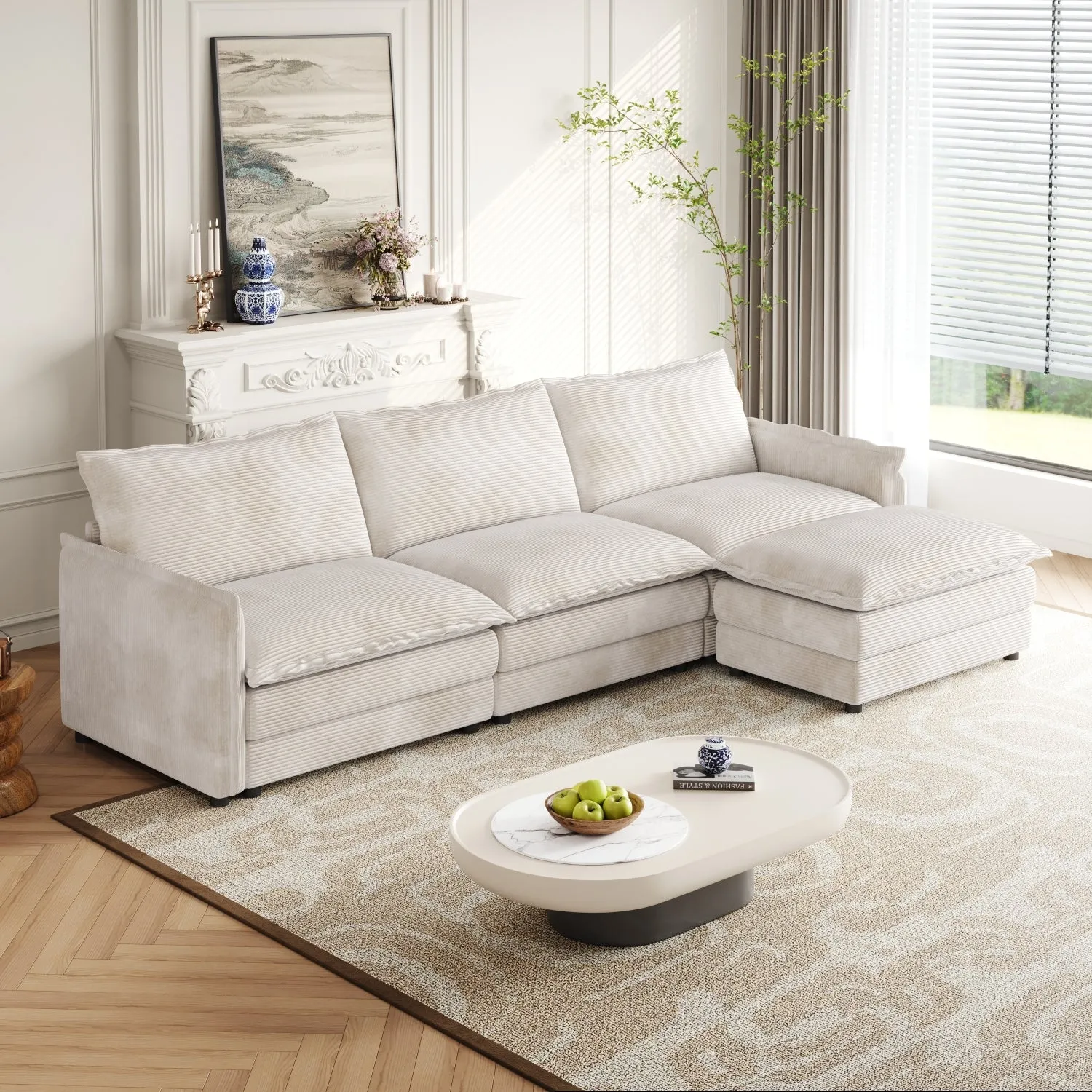 Streamdale Corduroy 3-Seater Cloud Couch with Footrest & Cushions