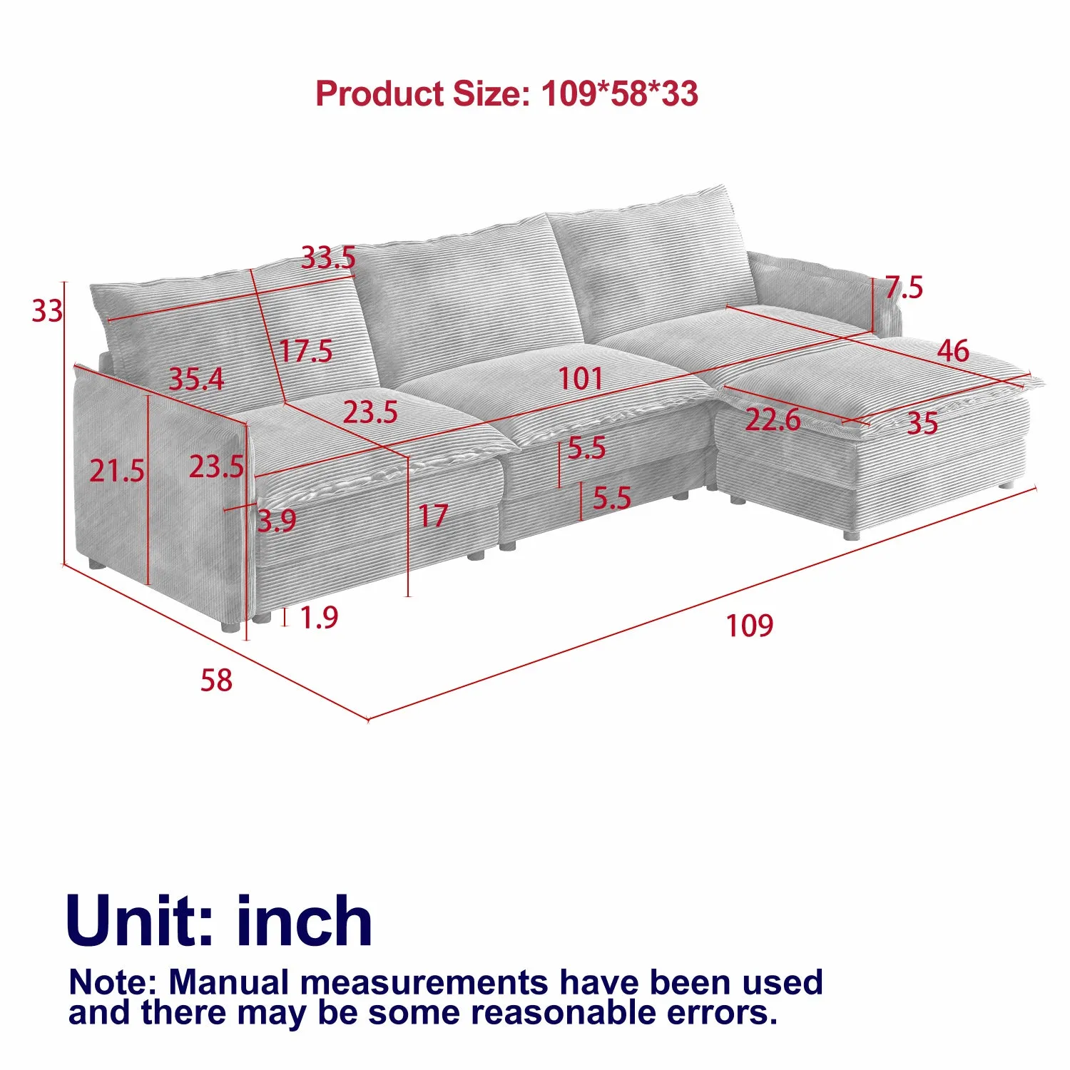 Streamdale Corduroy 3-Seater Cloud Couch with Footrest & Cushions