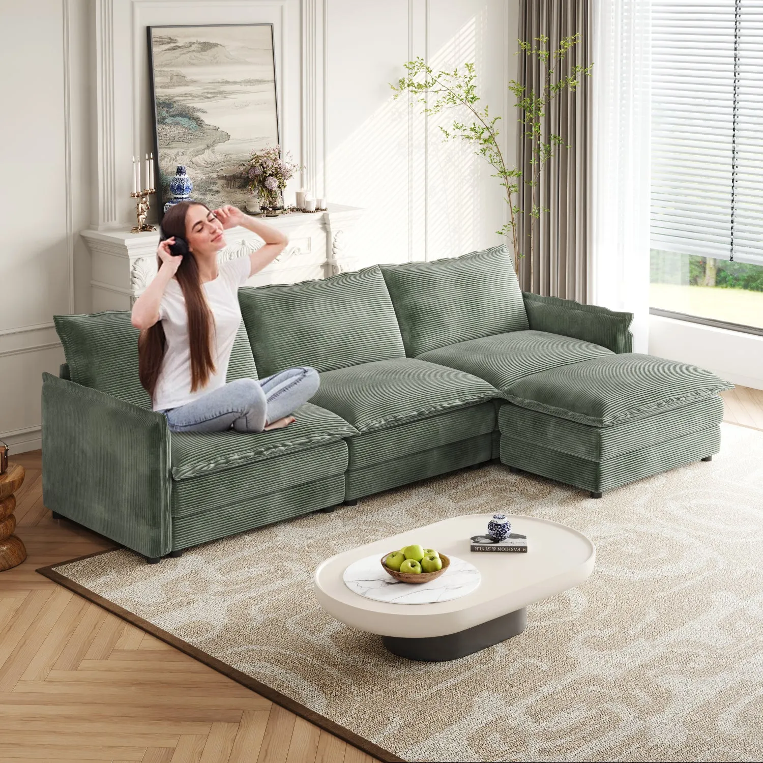 Streamdale Corduroy 3-Seater Cloud Couch with Footrest & Cushions