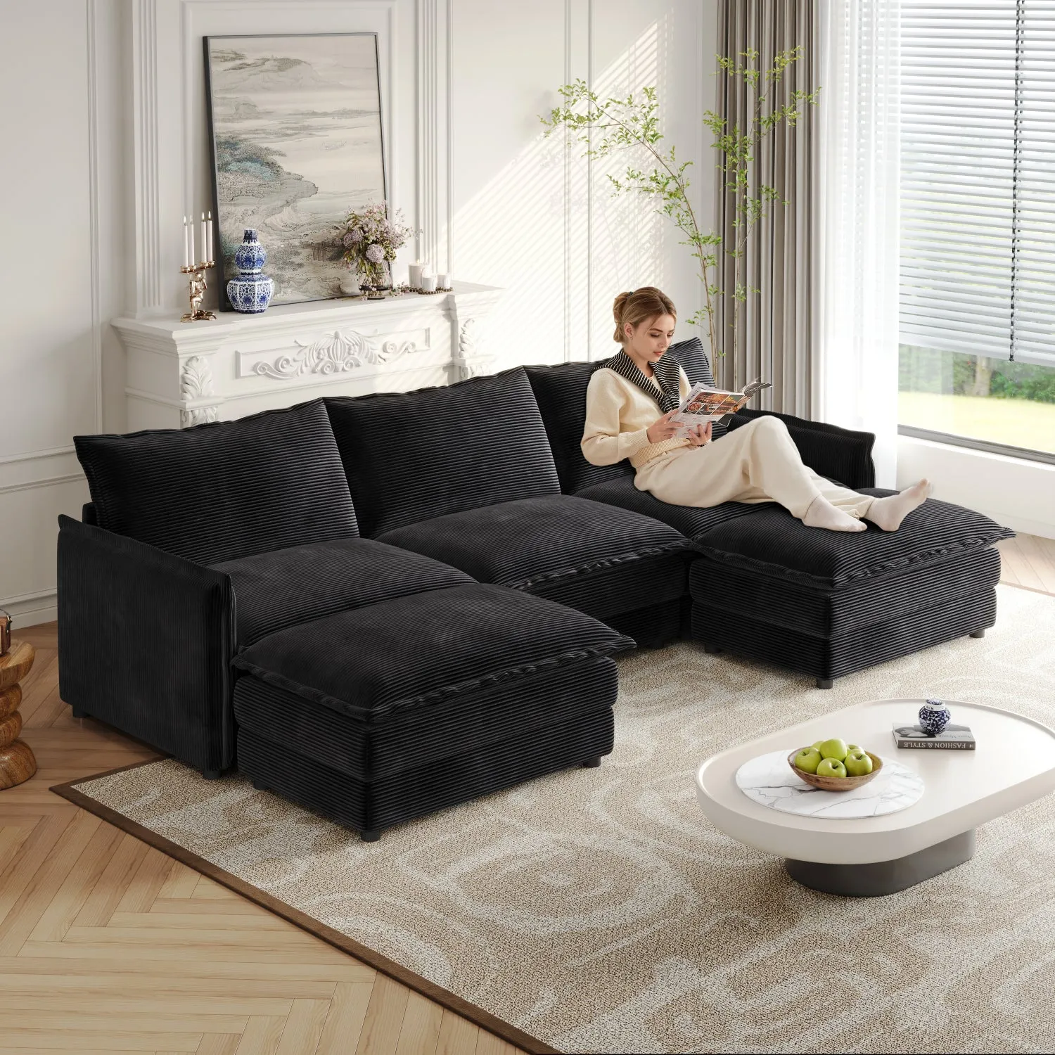 Streamdale Corduroy 3-Seater Cloud Couch with Footrests & Cushions