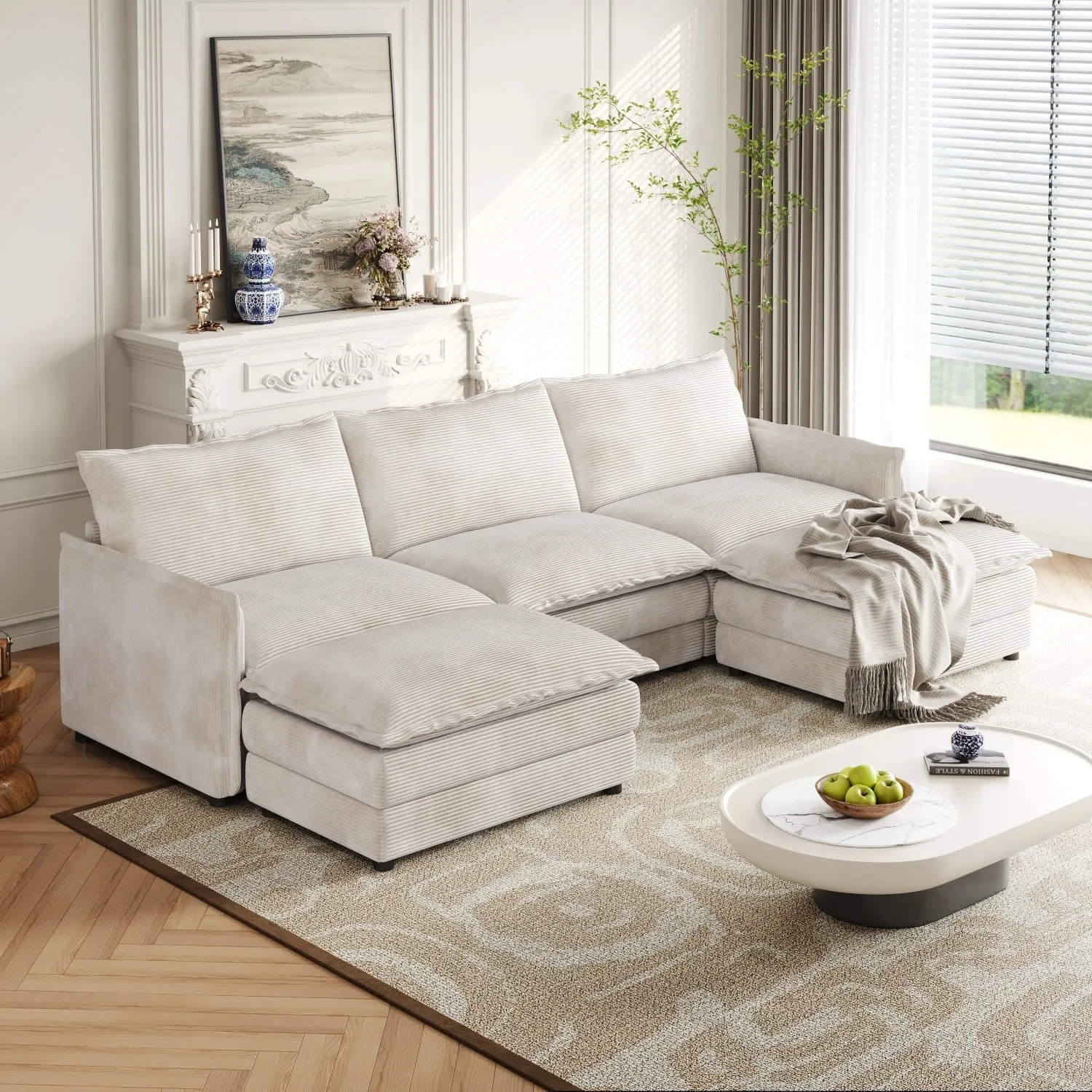 Streamdale Corduroy 3-Seater Cloud Couch with Footrests & Cushions