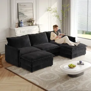 Streamdale Corduroy 3-Seater Cloud Couch with Footrests & Cushions