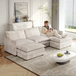 Streamdale Corduroy 3-Seater Cloud Couch with Footrests & Cushions