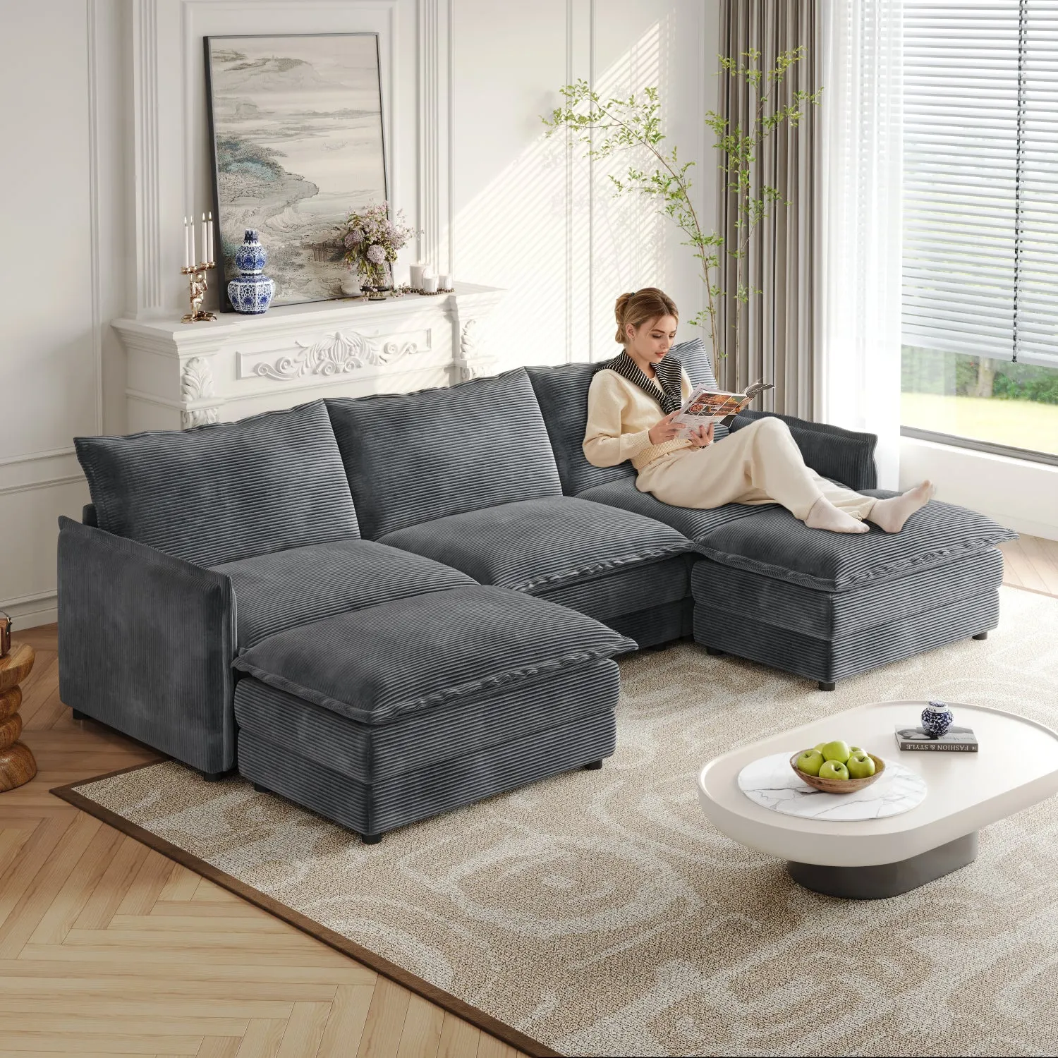 Streamdale Corduroy 3-Seater Cloud Couch with Footrests & Cushions
