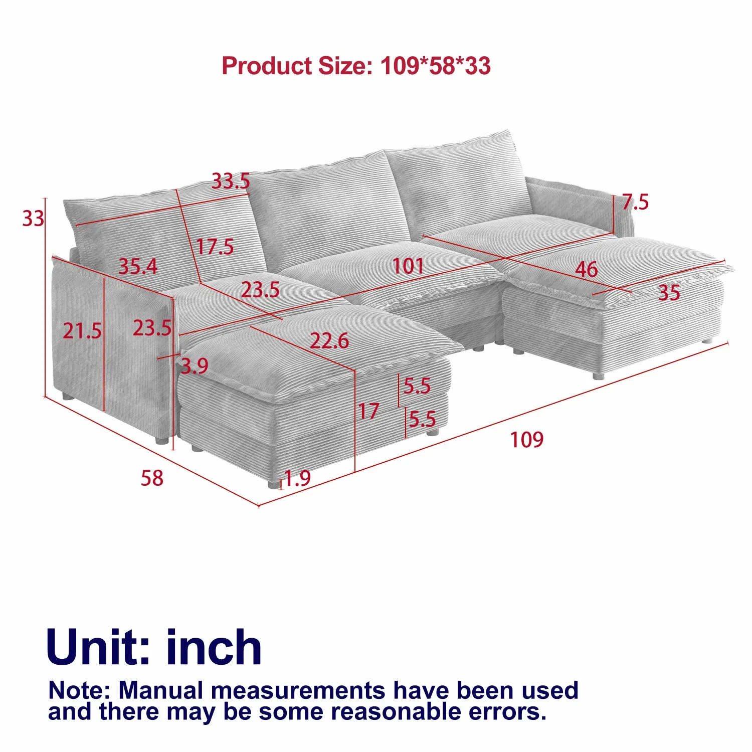 Streamdale Corduroy 3-Seater Cloud Couch with Footrests & Cushions