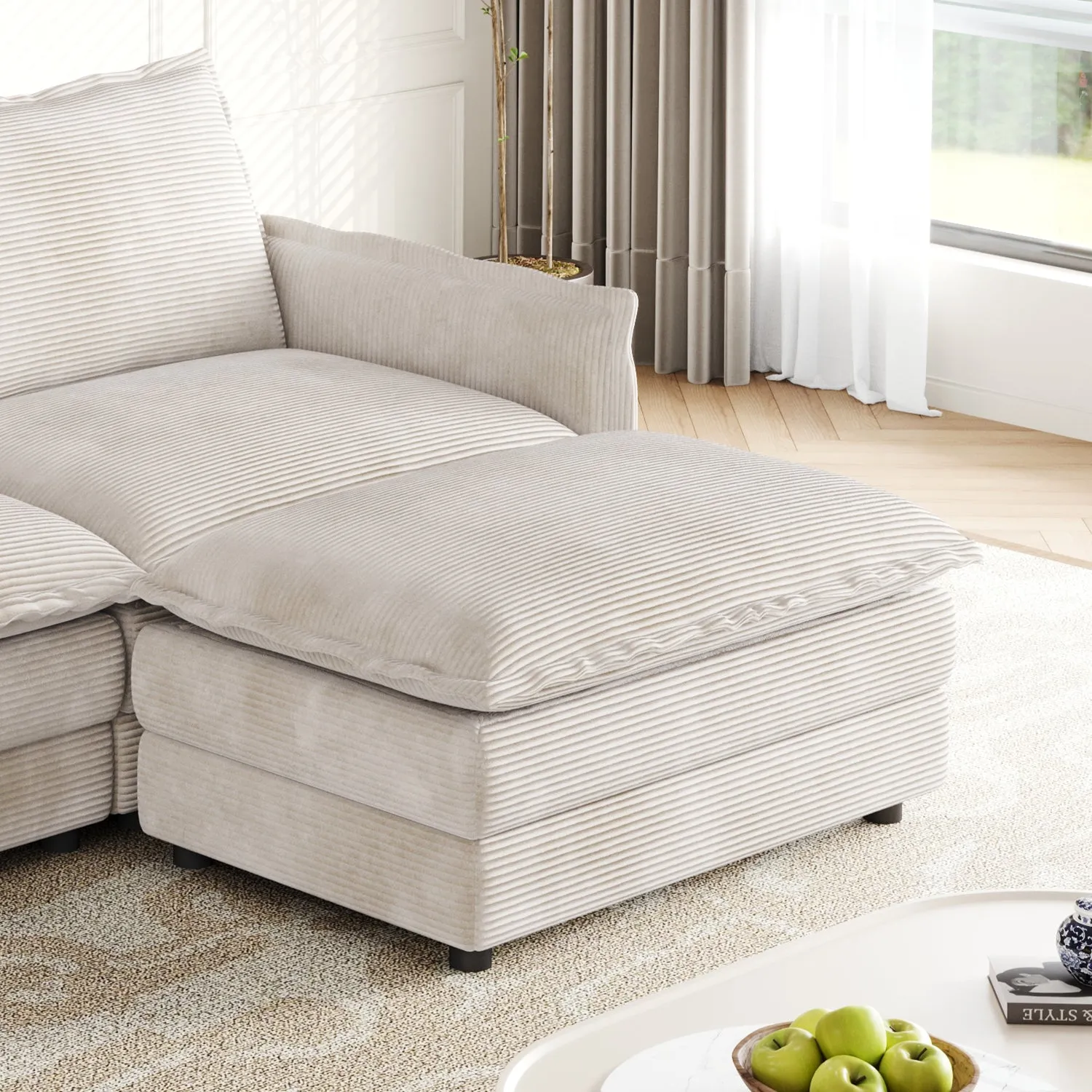 Streamdale Corduroy 3-Seater Cloud Couch with Footrests & Cushions