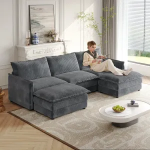 Streamdale Corduroy 3-Seater Cloud Couch with Footrests & Cushions