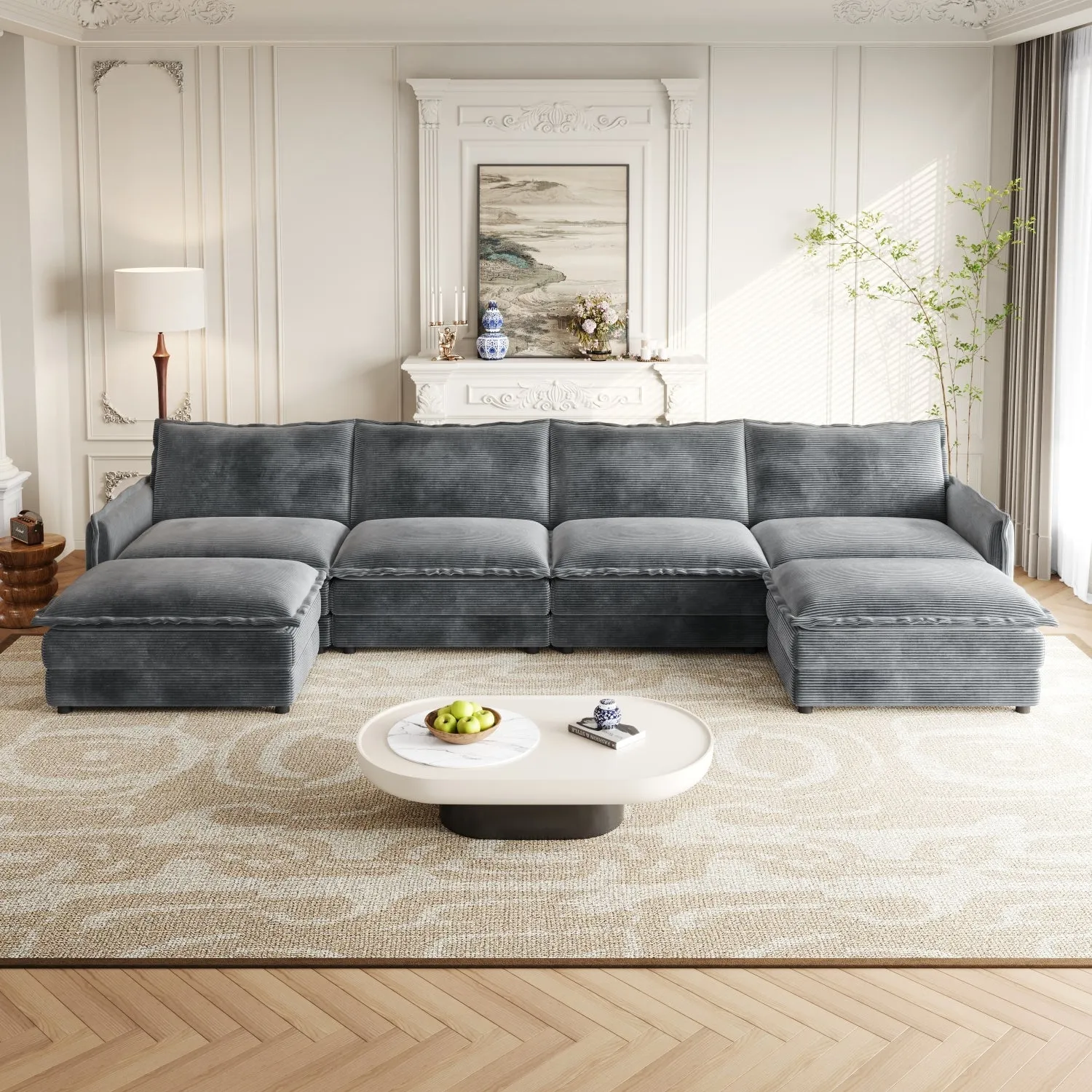 Streamdale Corduroy 4-Seater Cloud Couch with Footrests & Cushions