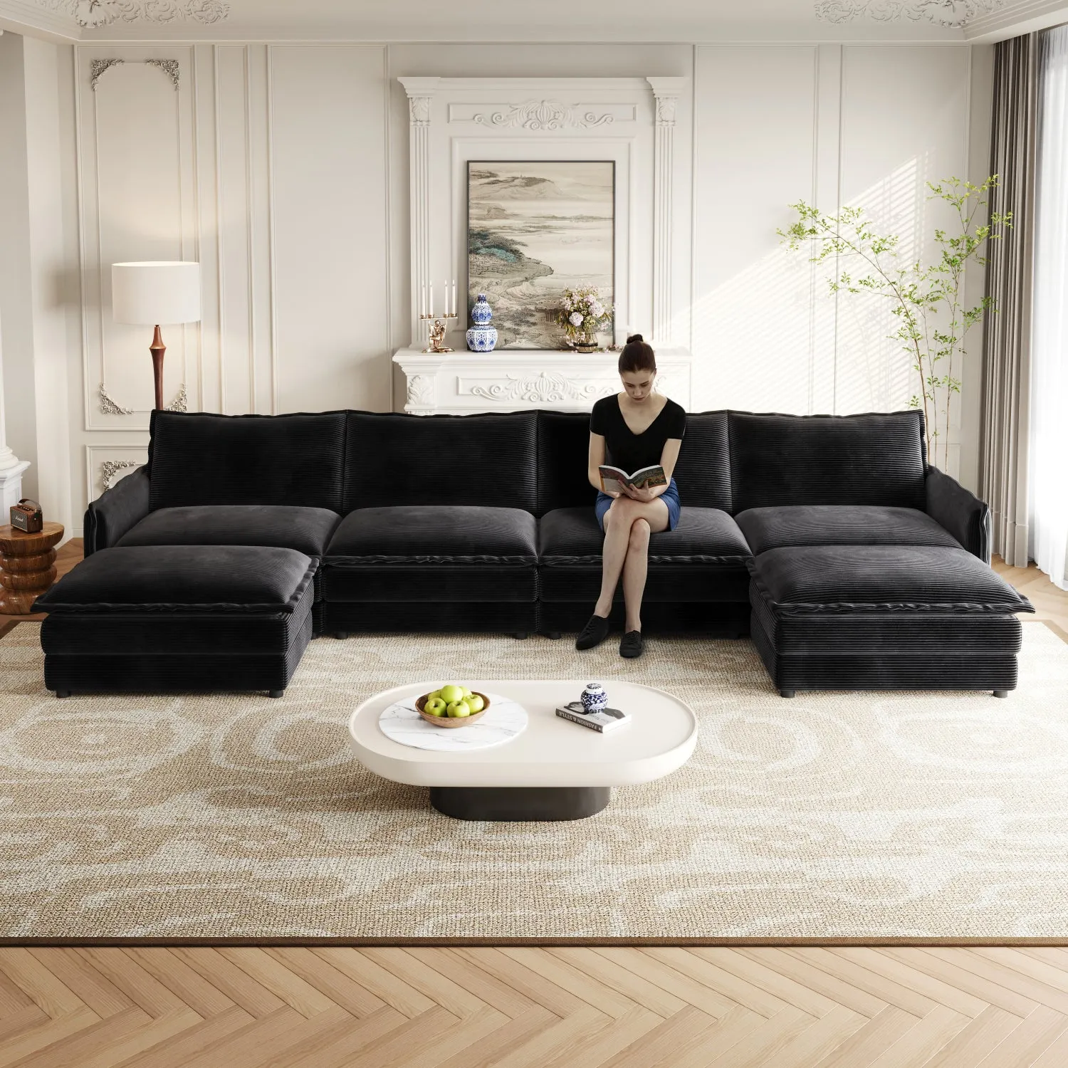 Streamdale Corduroy 4-Seater Cloud Couch with Footrests & Cushions