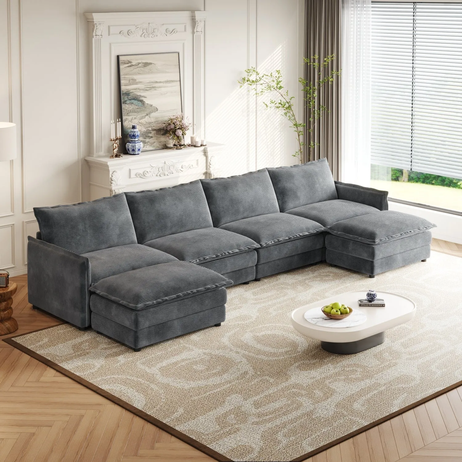 Streamdale Corduroy 4-Seater Cloud Couch with Footrests & Cushions