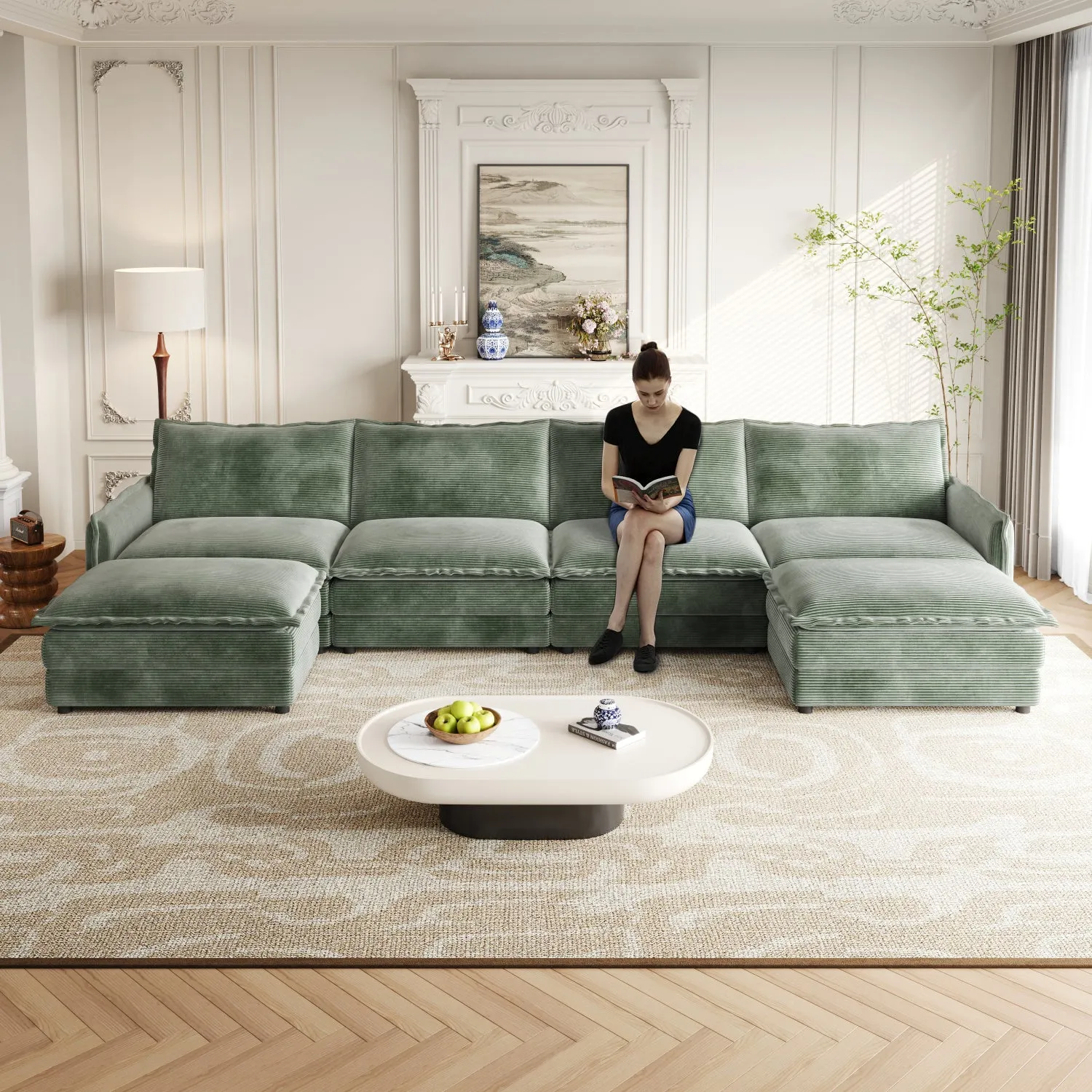 Streamdale Corduroy 4-Seater Cloud Couch with Footrests & Cushions