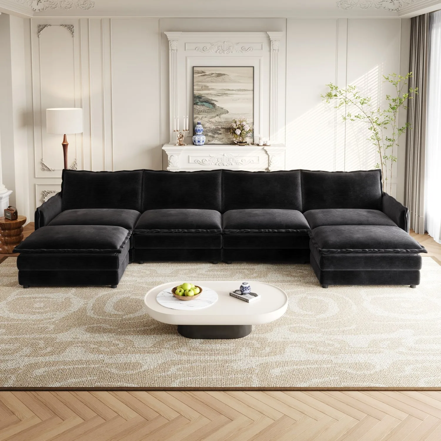 Streamdale Corduroy 4-Seater Cloud Couch with Footrests & Cushions