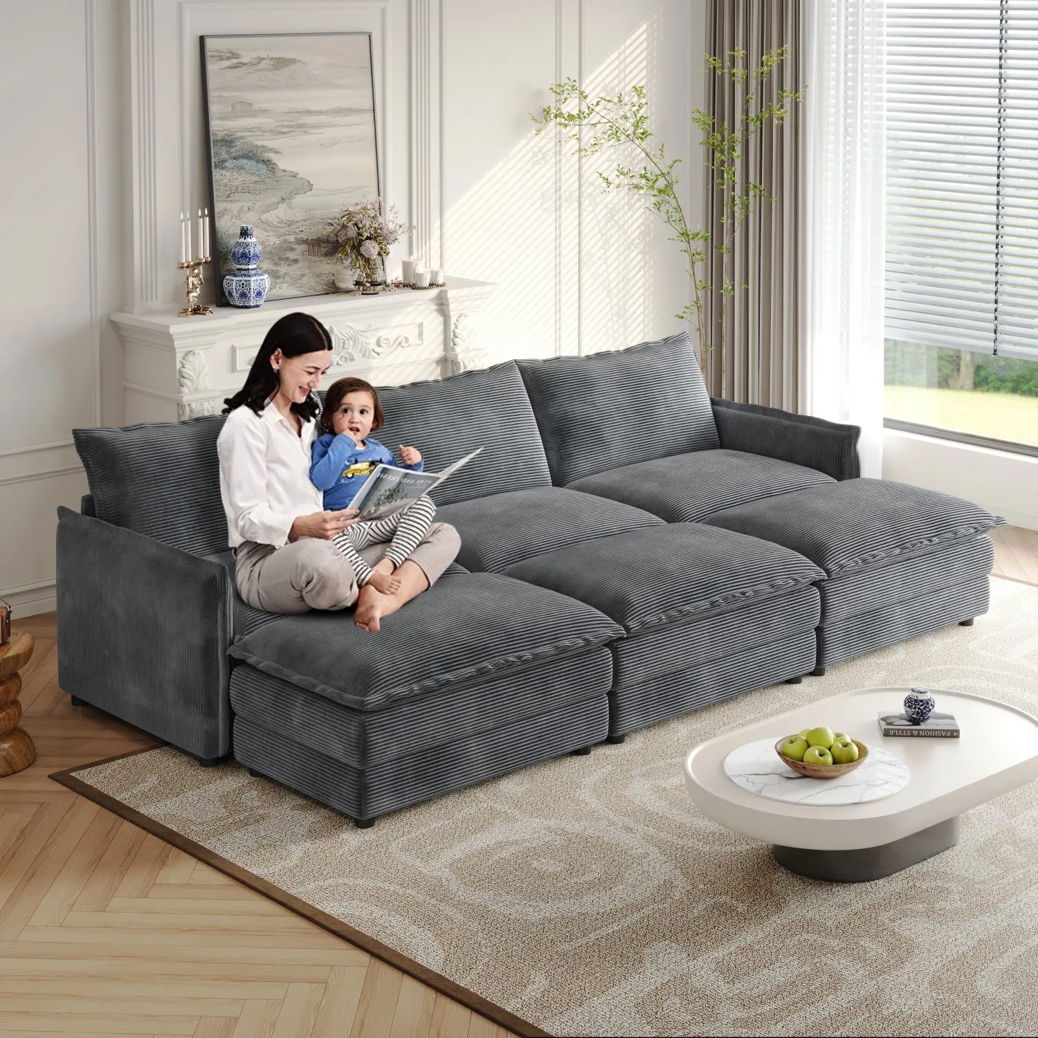 Streamdale Corduroy Cloud Sofa with Footrests & Cushions