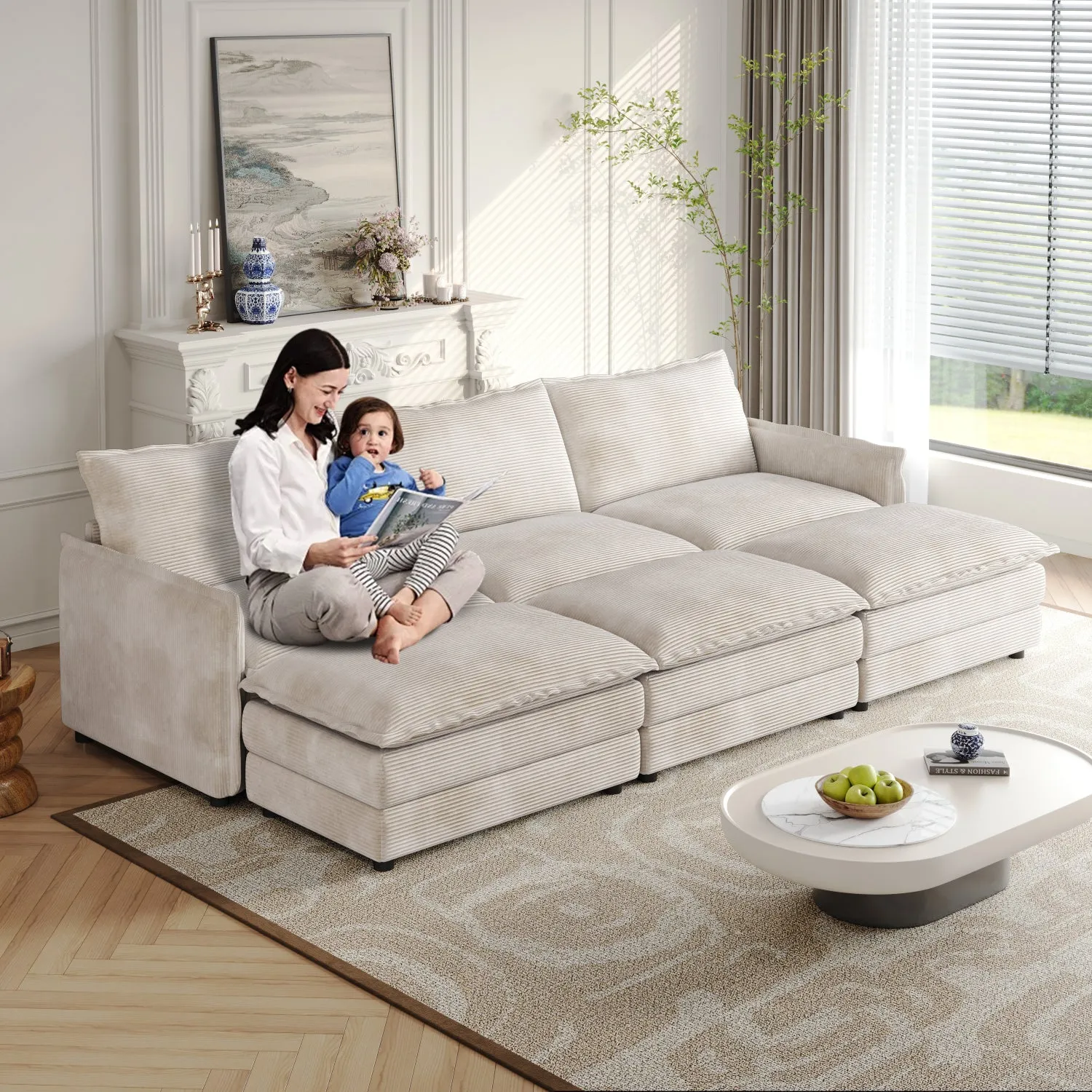 Streamdale Corduroy Cloud Sofa with Footrests & Cushions