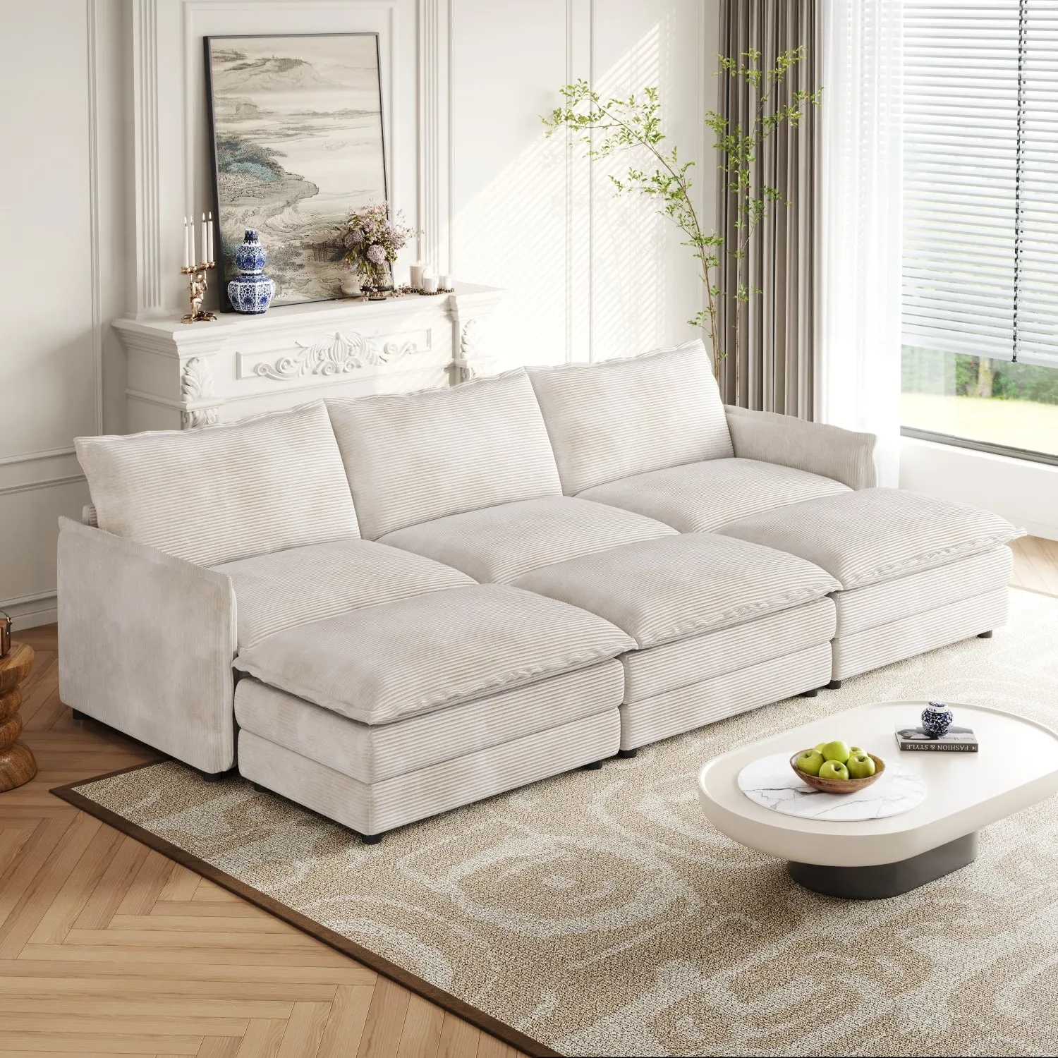 Streamdale Corduroy Cloud Sofa with Footrests & Cushions